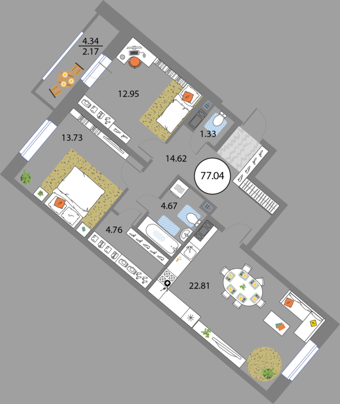 2 комн. квартира, 77 м², 9 этаж 