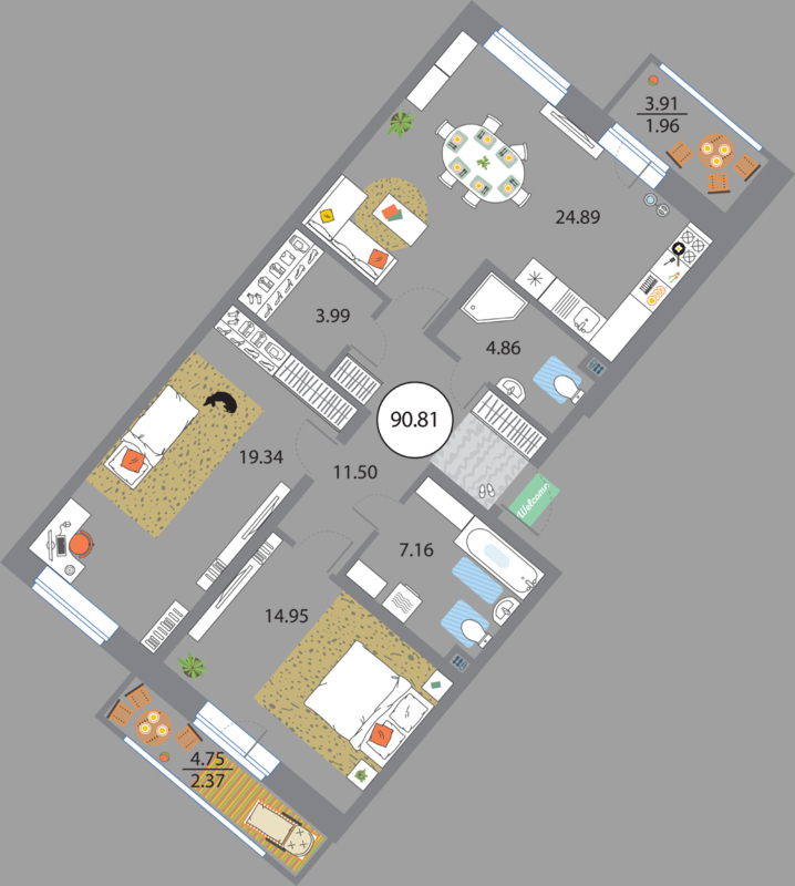 2 комн. квартира, 90.8 м², 4 этаж 