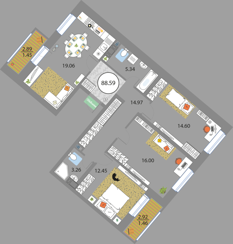 3 комн. квартира, 88.6 м², 4 этаж 