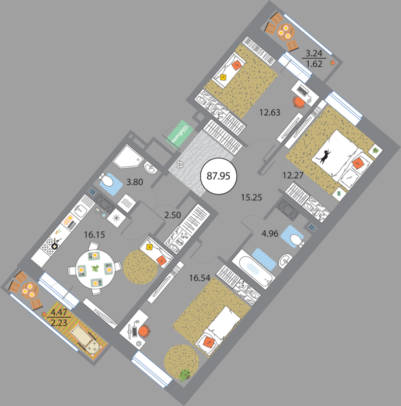 3 комн. квартира, 88 м², 7 этаж 