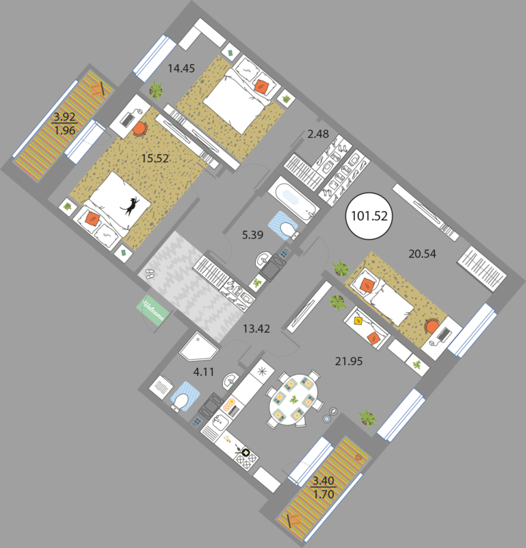 3 комн. квартира, 101.5 м², 6 этаж 