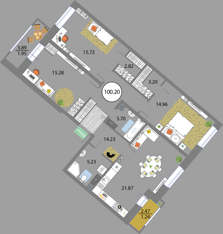 3 комн. квартира, 100.2 м², 8 этаж 