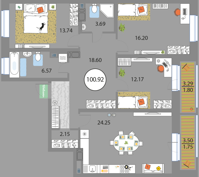 3 комн. квартира, 100.9 м², 7 этаж 