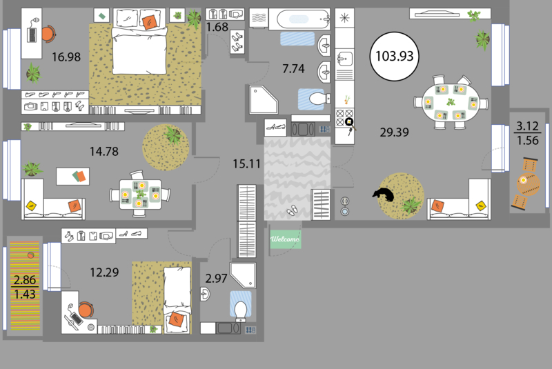 3 комн. квартира, 103.9 м², 5 этаж 