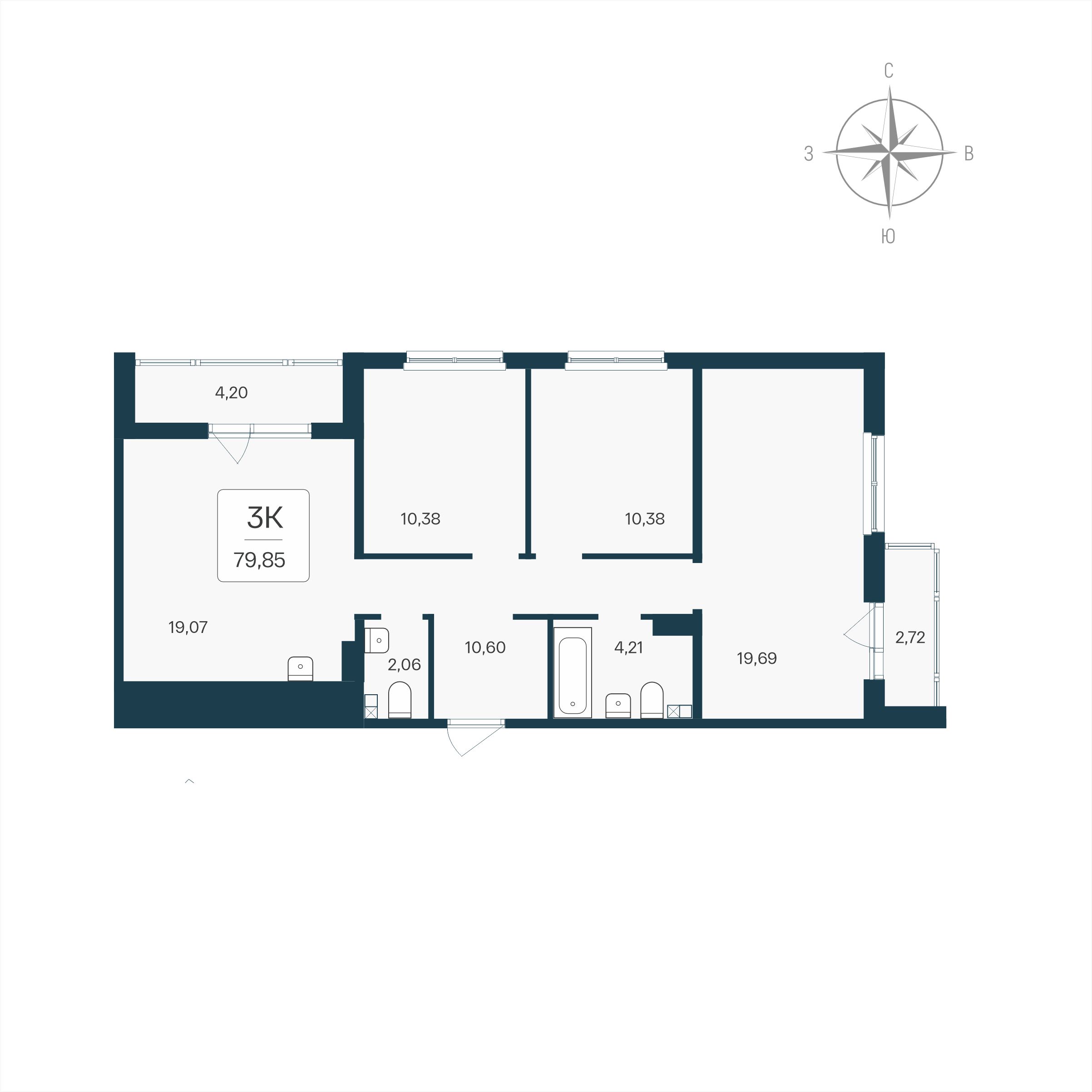 3 комн. квартира, 79.8 м², 4 этаж 