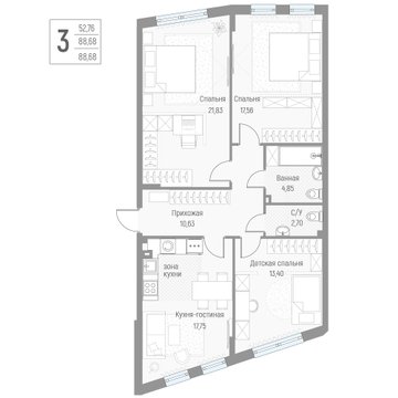 3 комн. квартира, 88.8 м², 1 этаж 