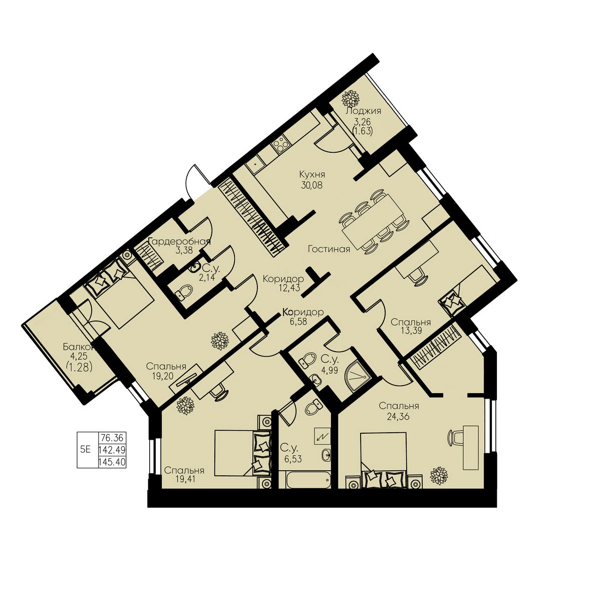 4 комн. квартира, 145.4 м², 5 этаж 