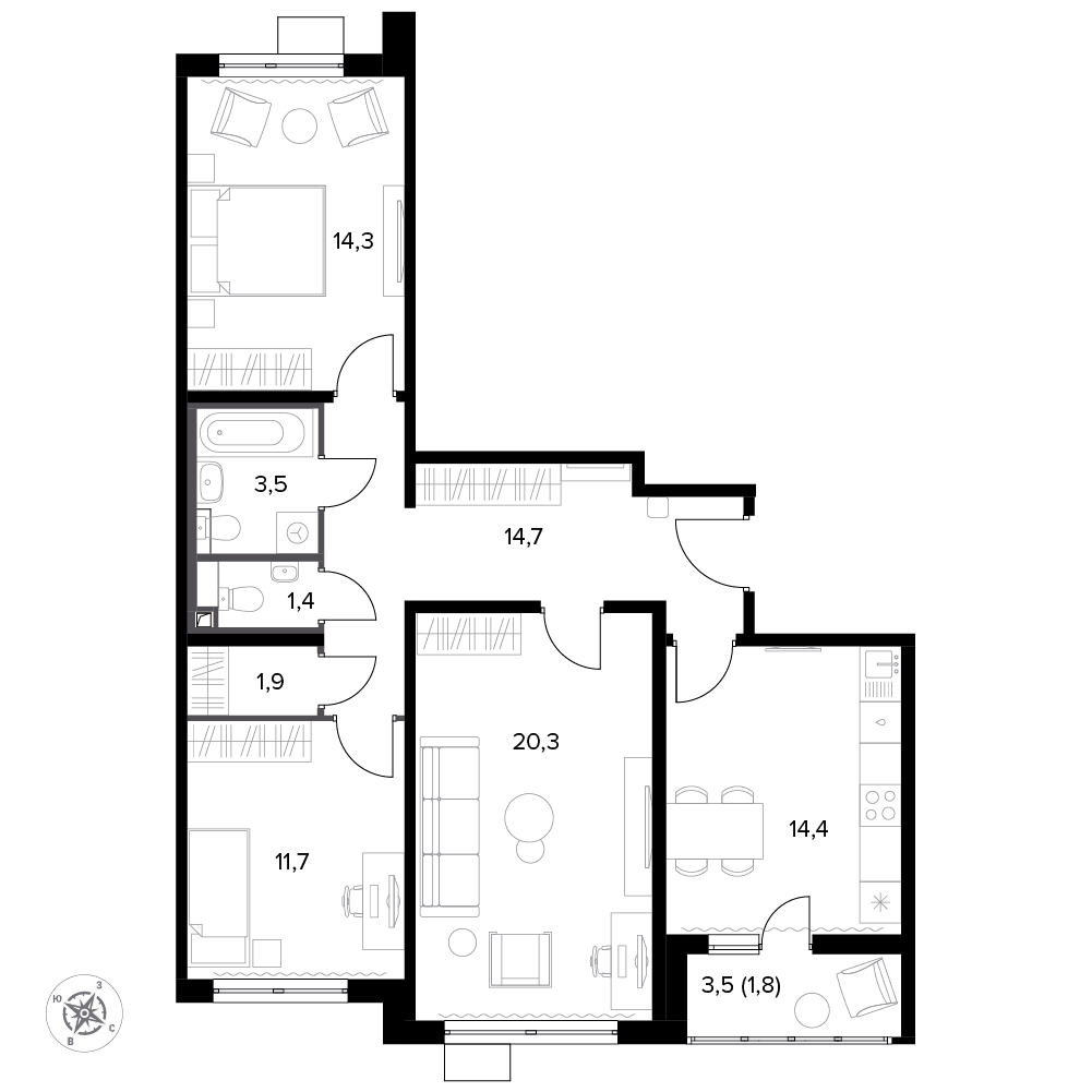 3 комн. квартира, 84.9 м², 8 этаж 
