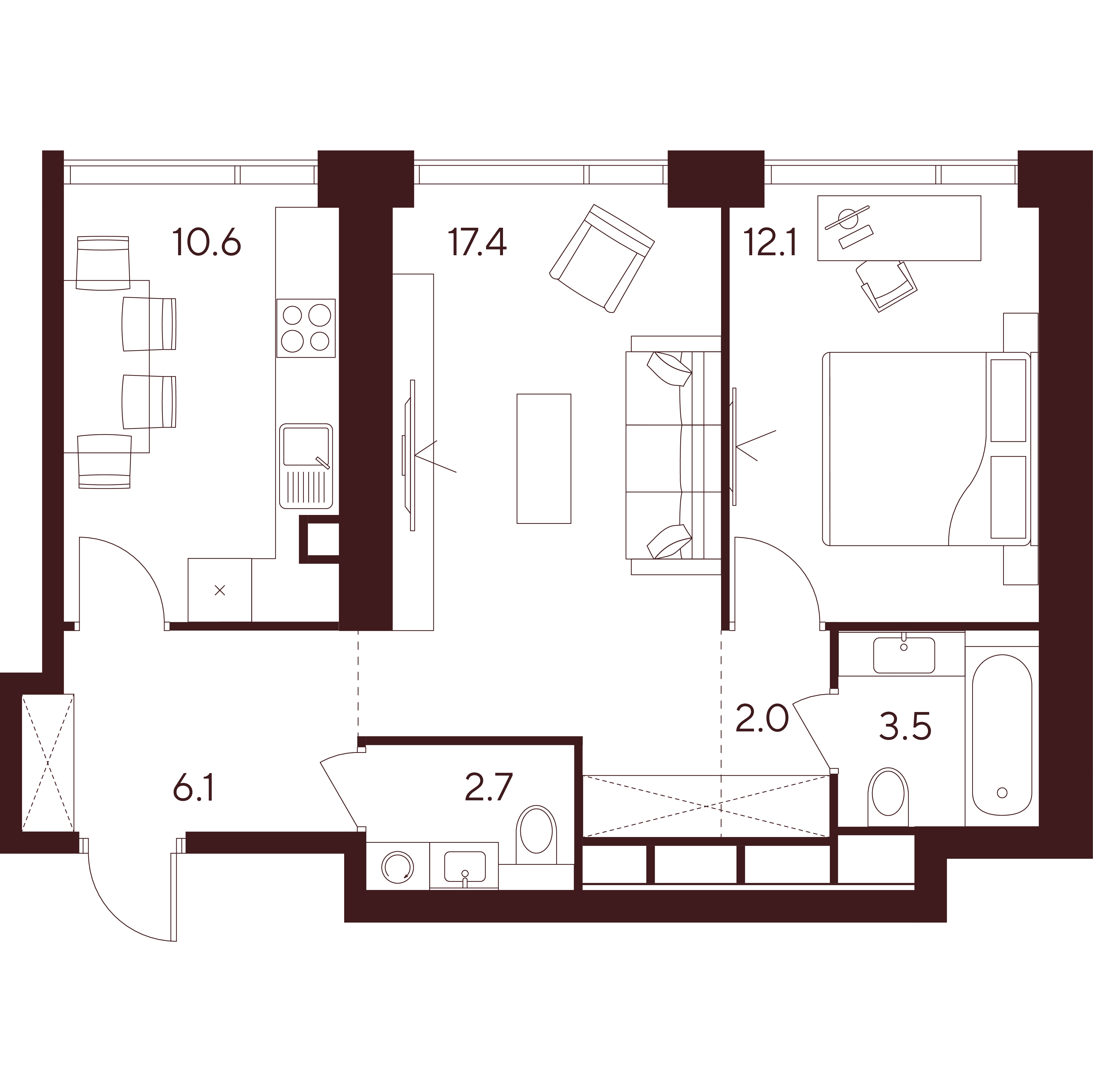 2 комн. квартира, 54.4 м², 5 этаж 