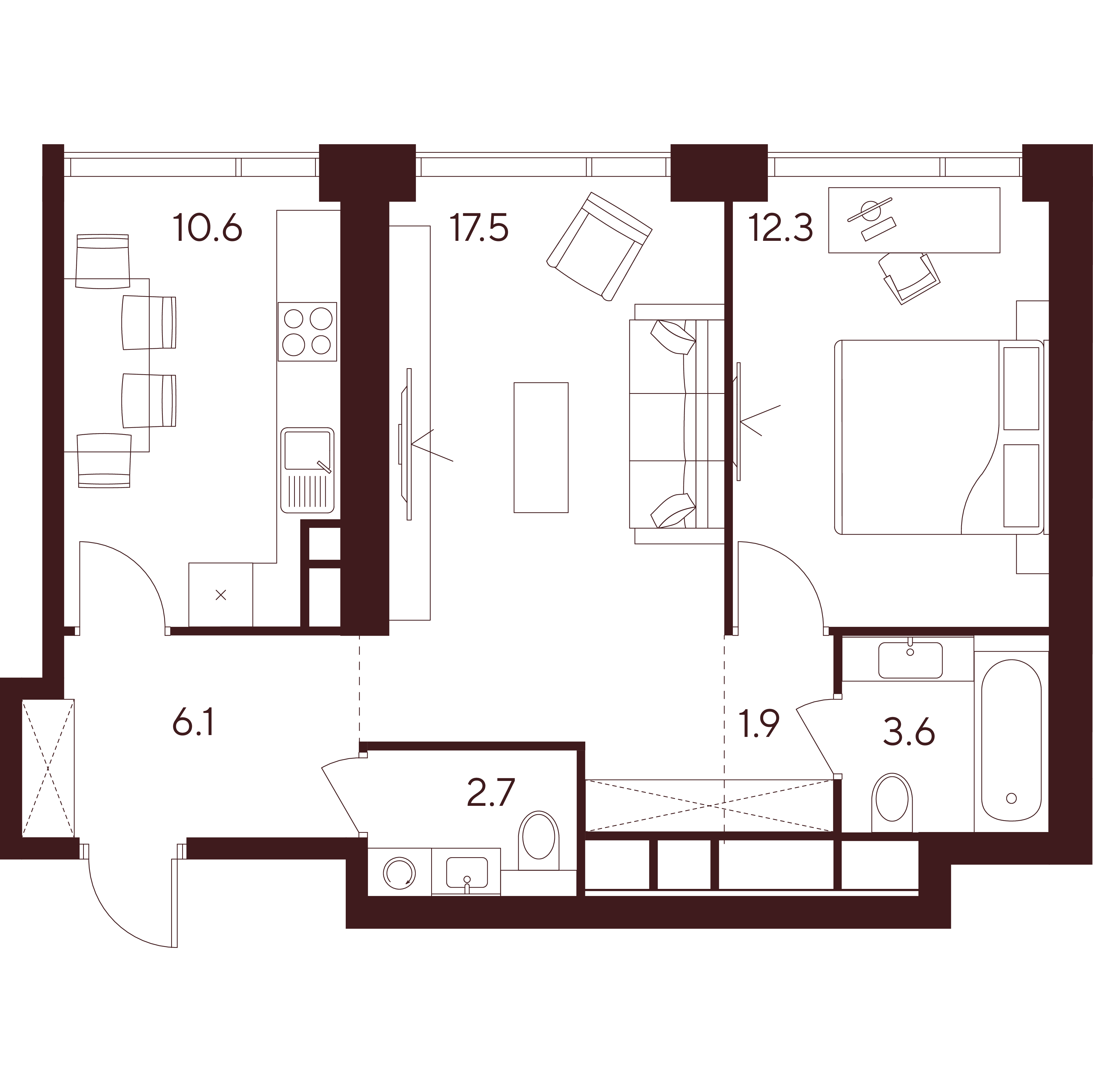 2 комн. квартира, 54.7 м², 14 этаж 