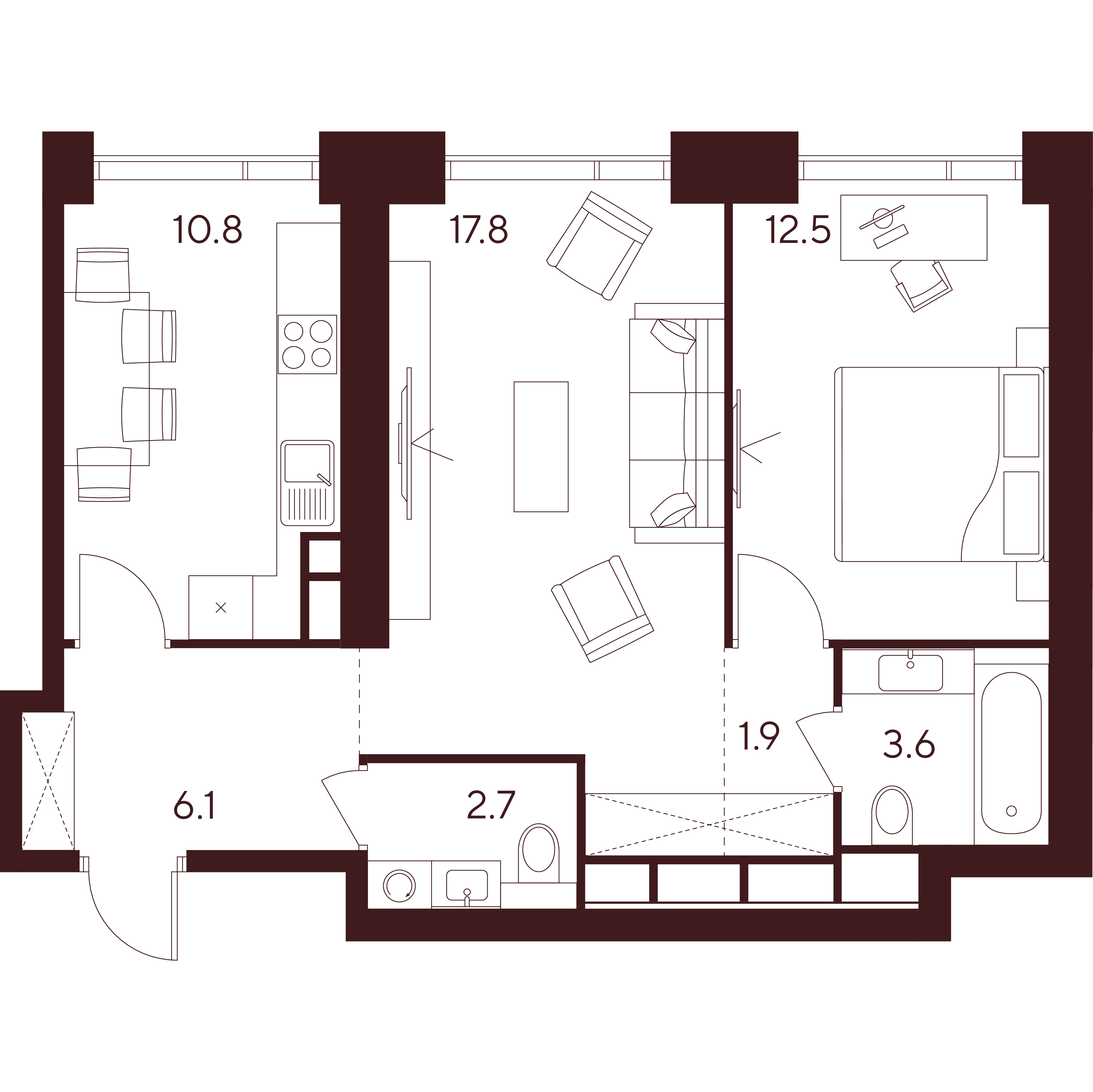 2 комн. квартира, 55.4 м², 20 этаж 