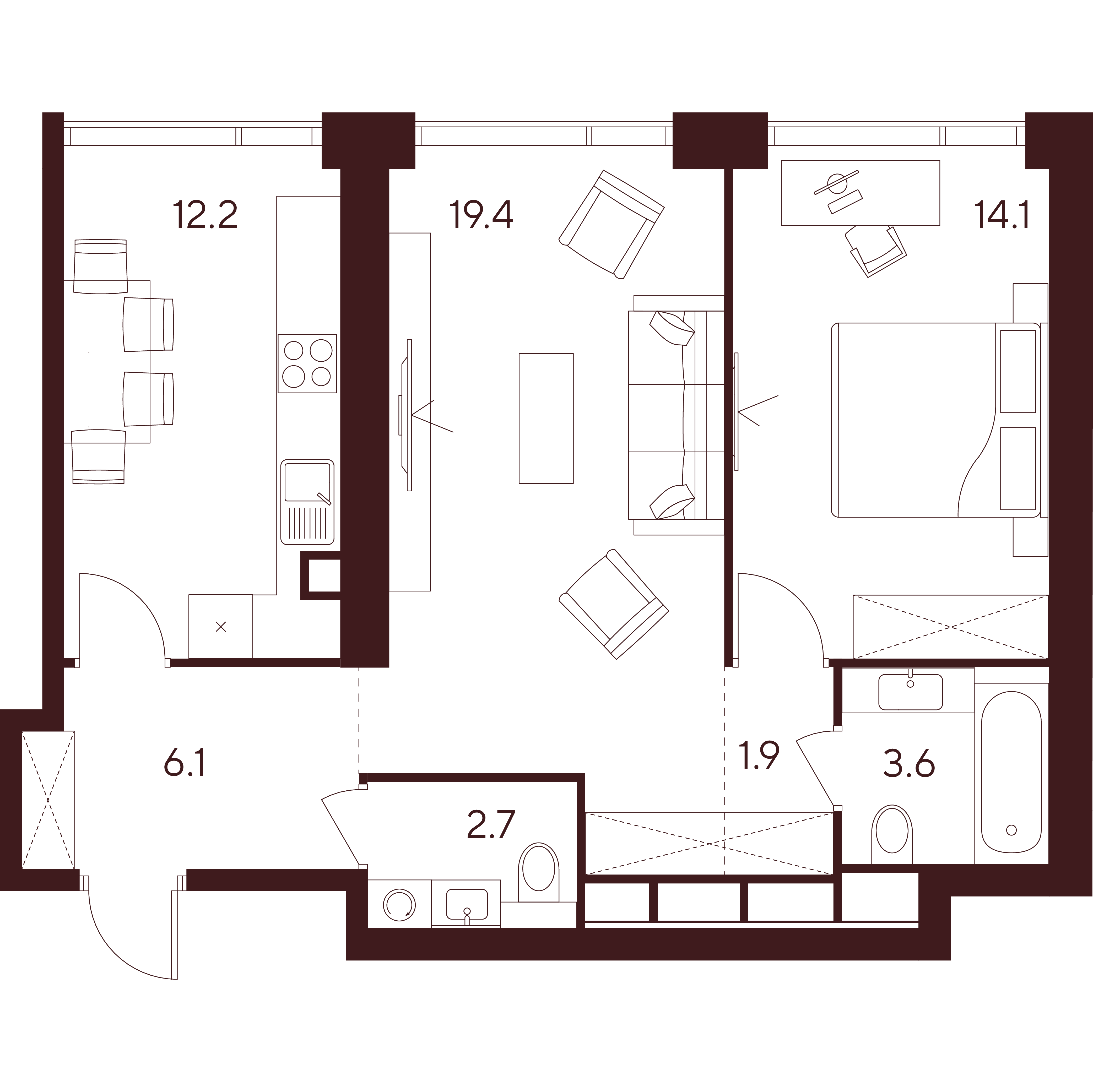 2 комн. квартира, 60 м², 17 этаж 