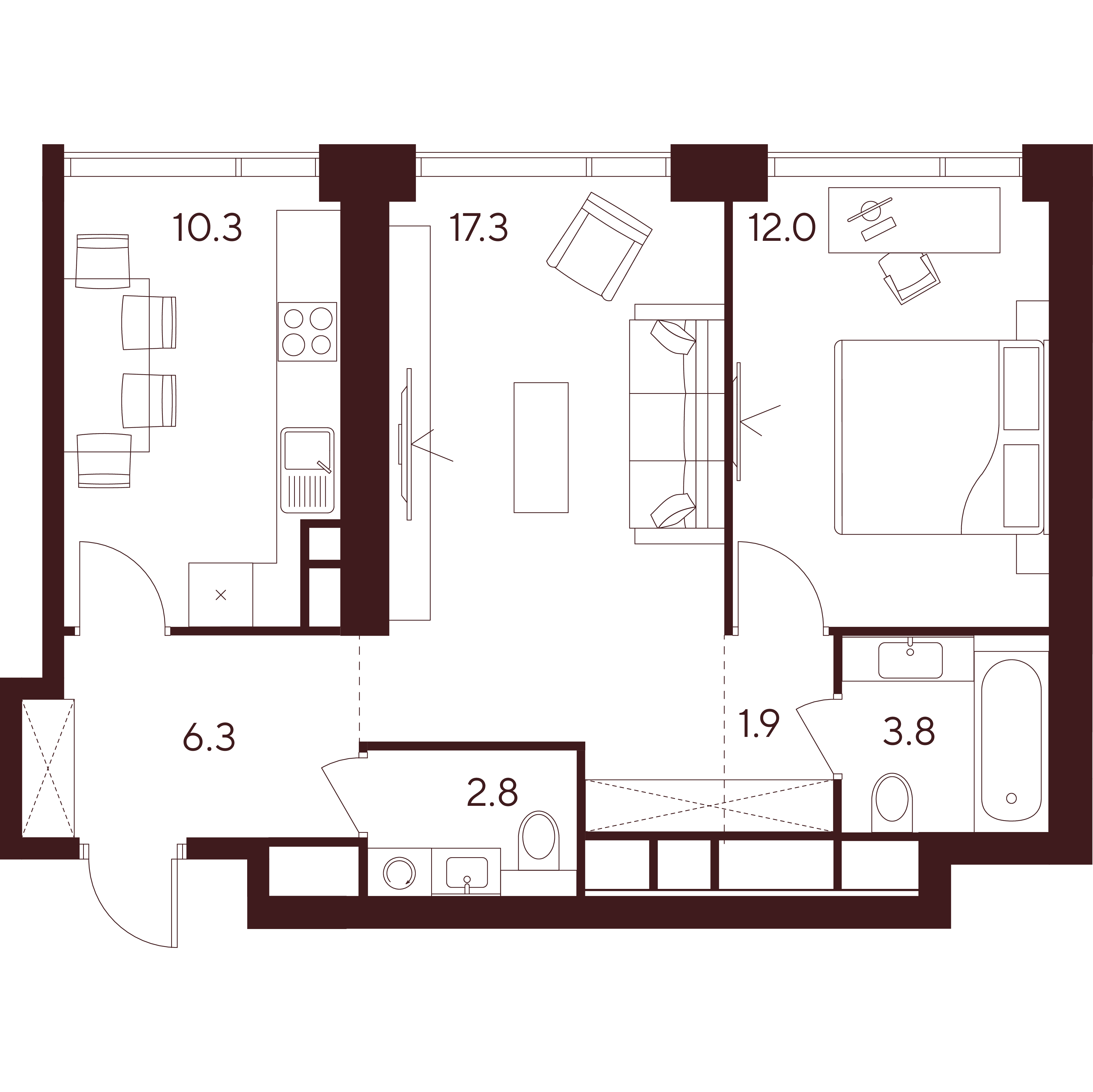 2 комн. квартира, 54.4 м², 33 этаж 