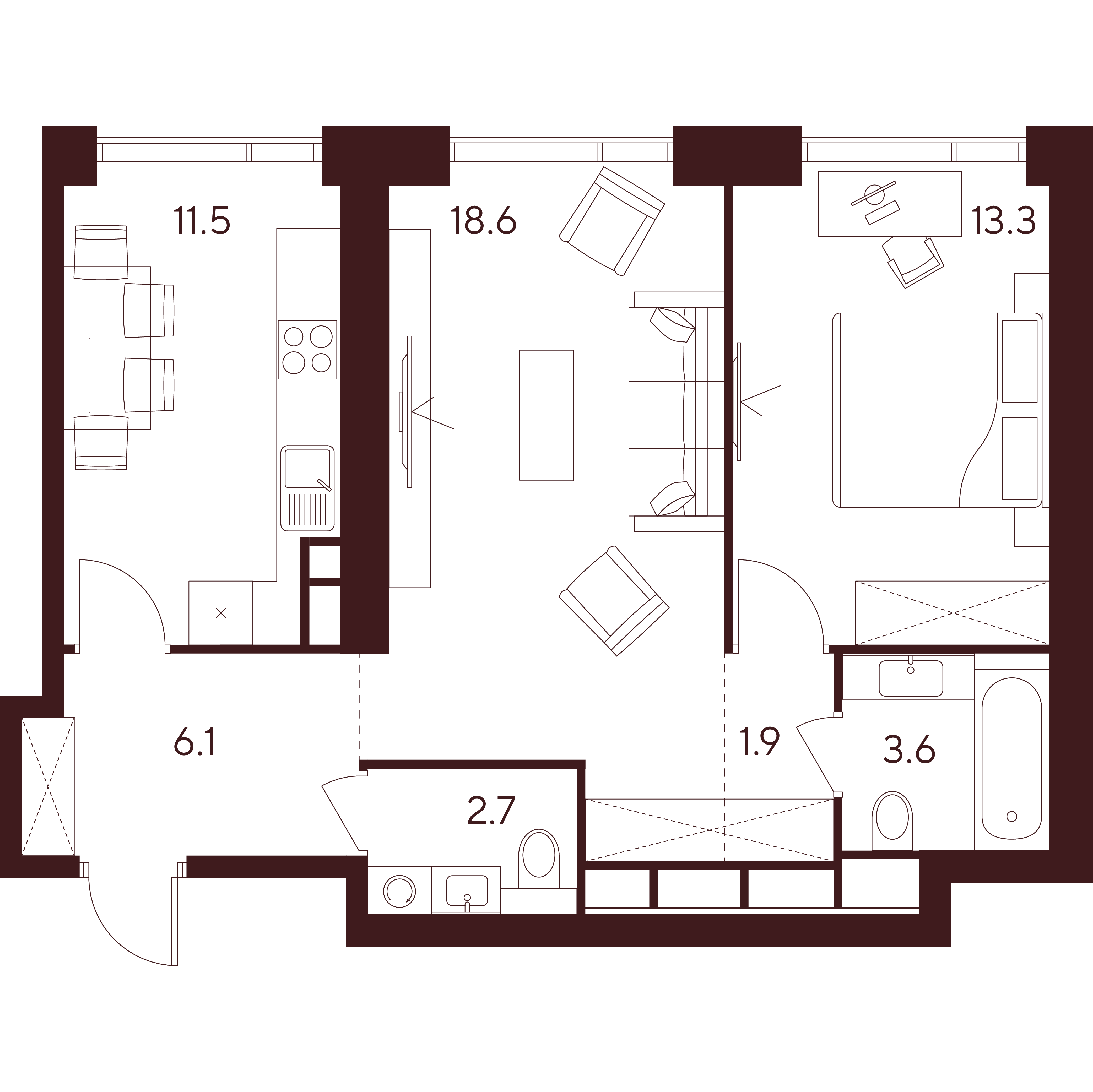 2 комн. квартира, 57.7 м², 25 этаж 