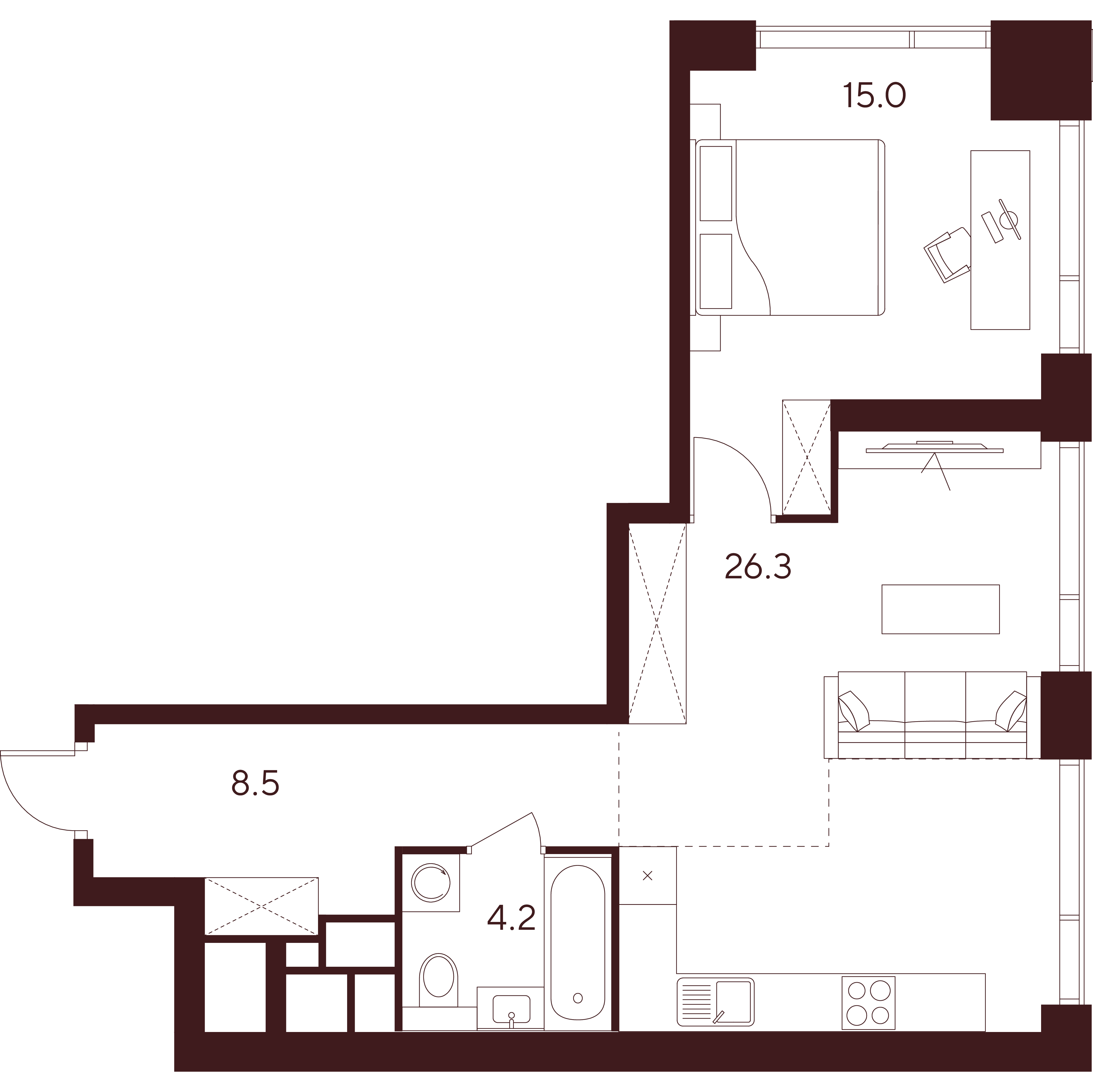 2 комн. квартира, 54 м², 45 этаж 