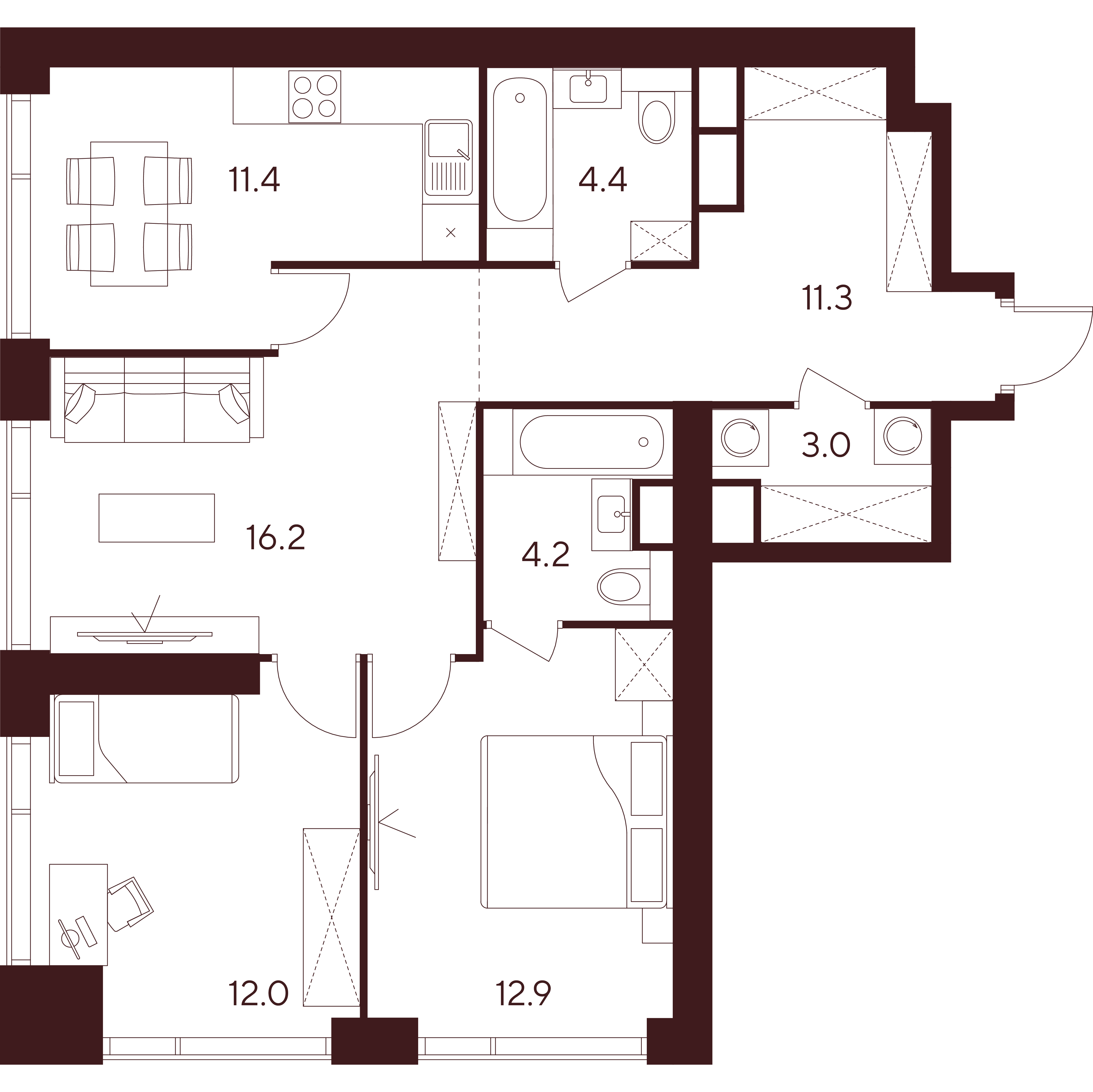3 комн. квартира, 75.4 м², 13 этаж 