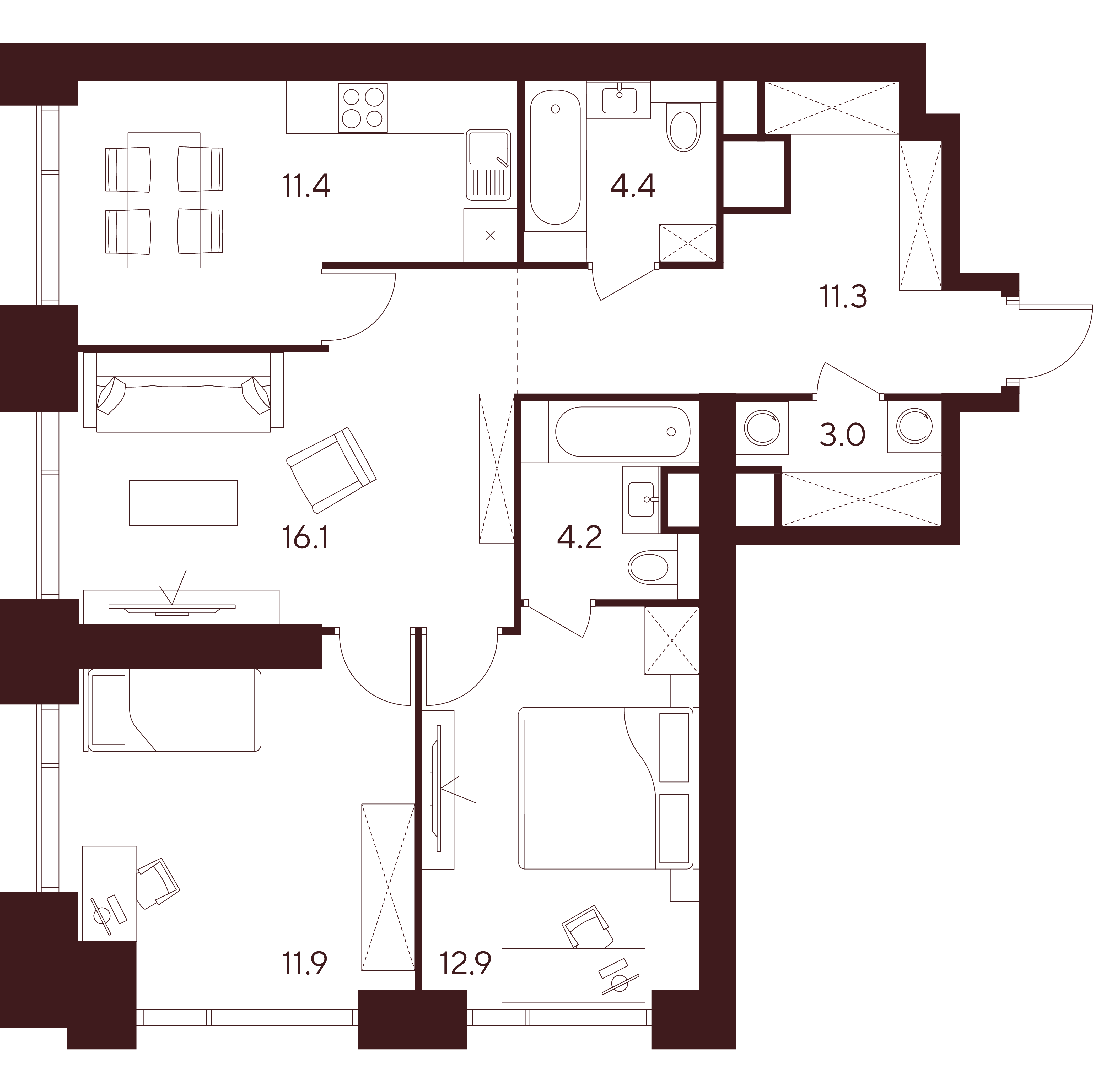 3 комн. квартира, 75.2 м², 21 этаж 