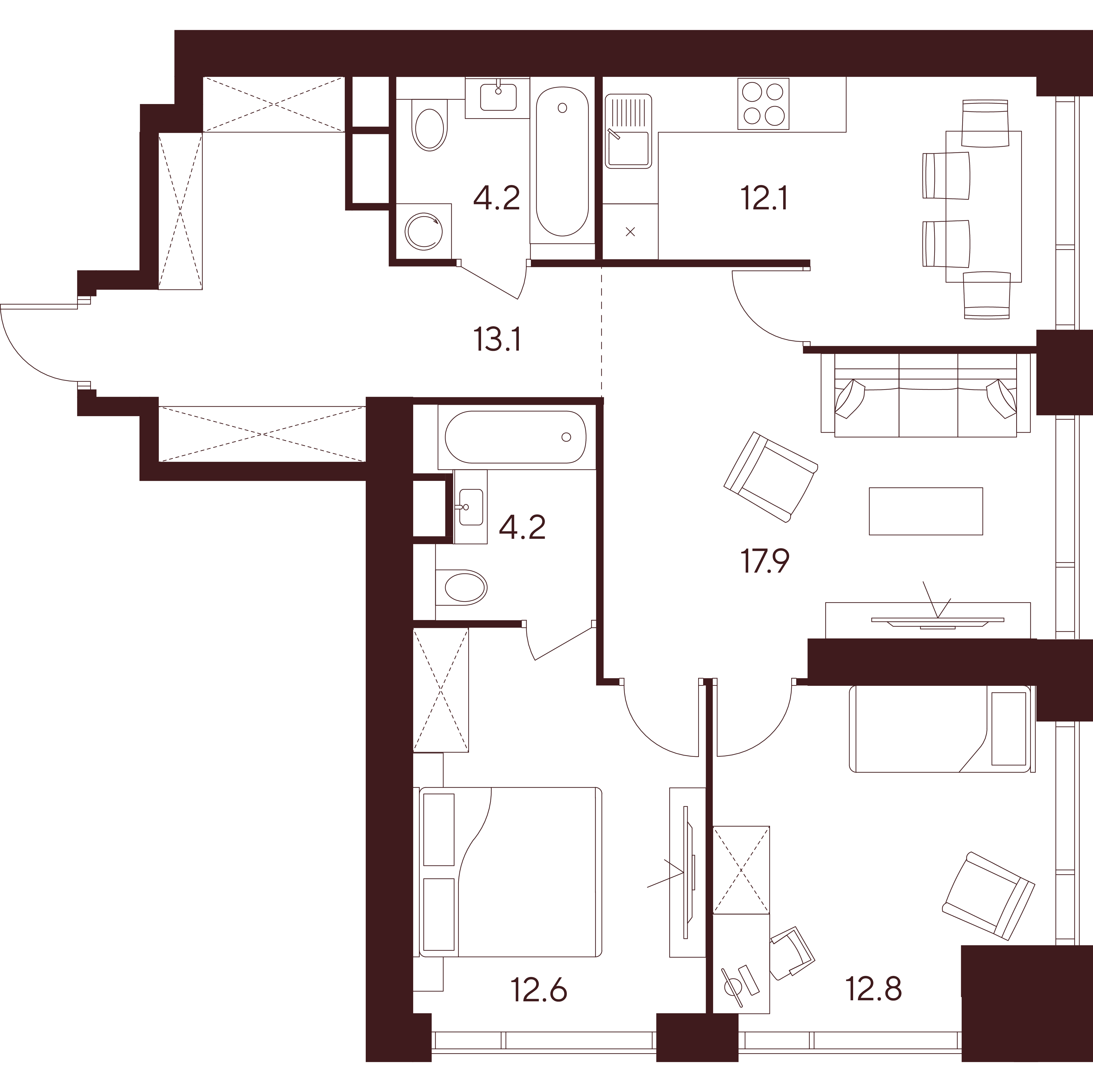 3 комн. квартира, 76.9 м², 5 этаж 