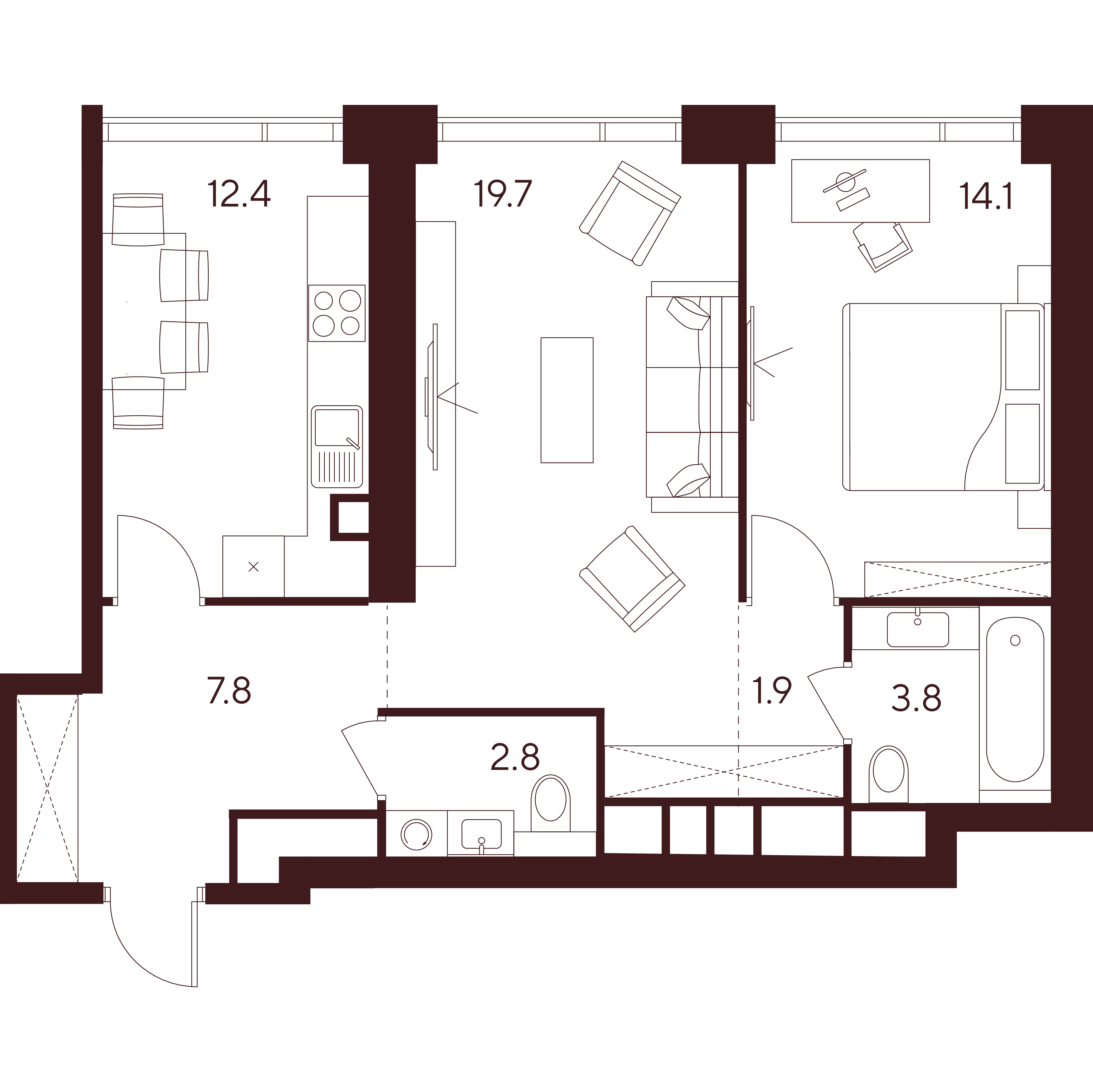 2 комн. квартира, 62.5 м², 49 этаж 