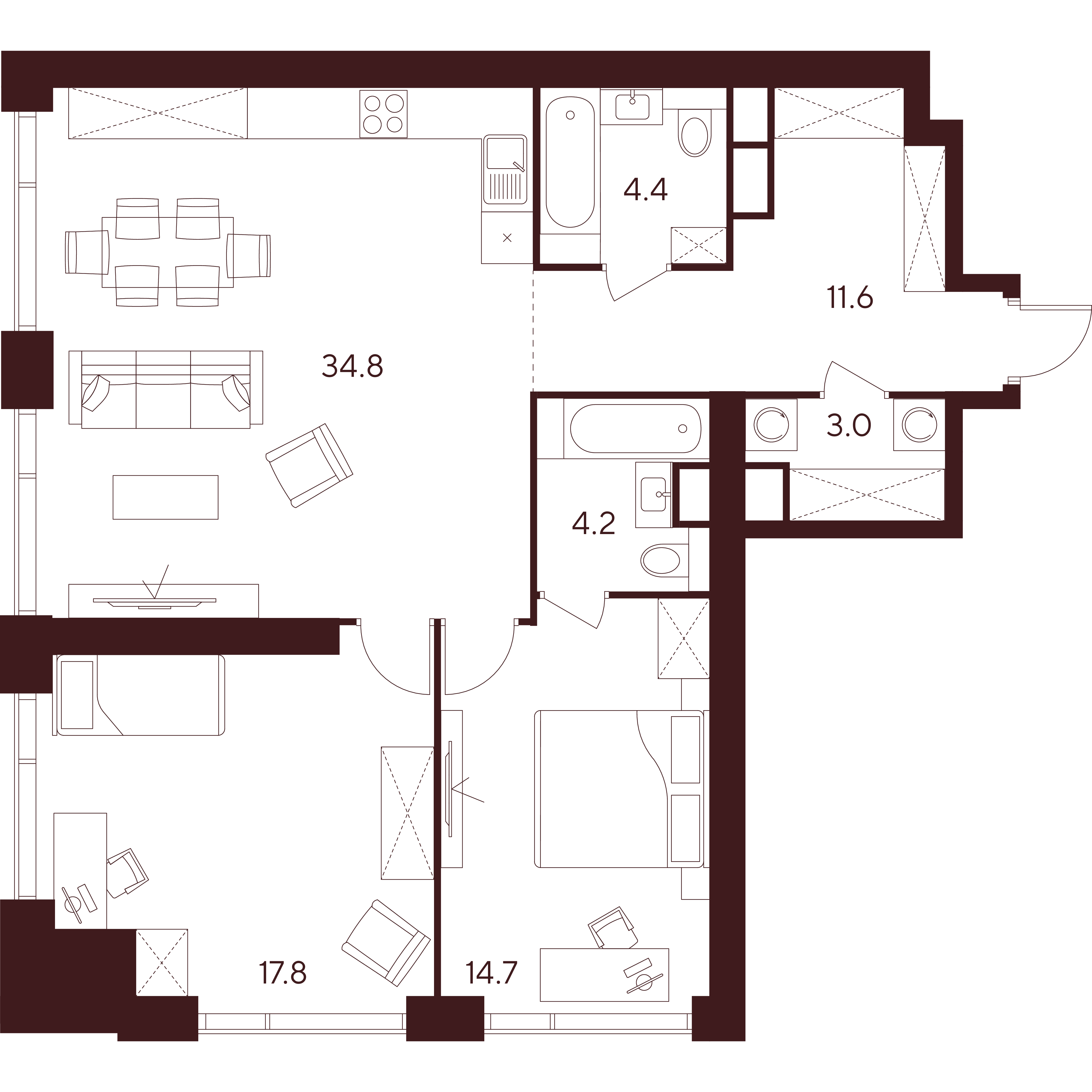 3 комн. квартира, 90.5 м², 7 этаж 