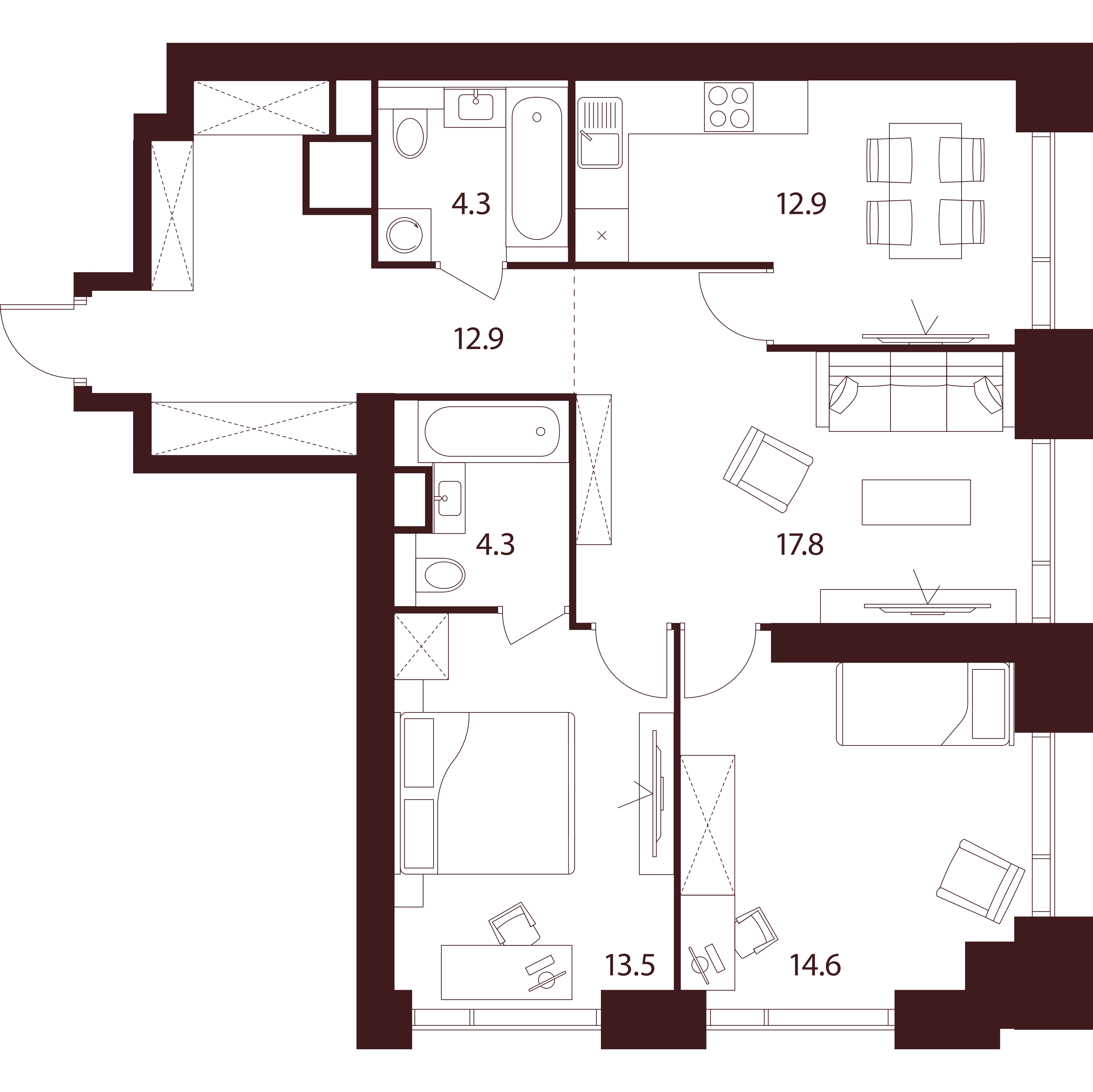 3 комн. квартира, 80.3 м², 20 этаж 