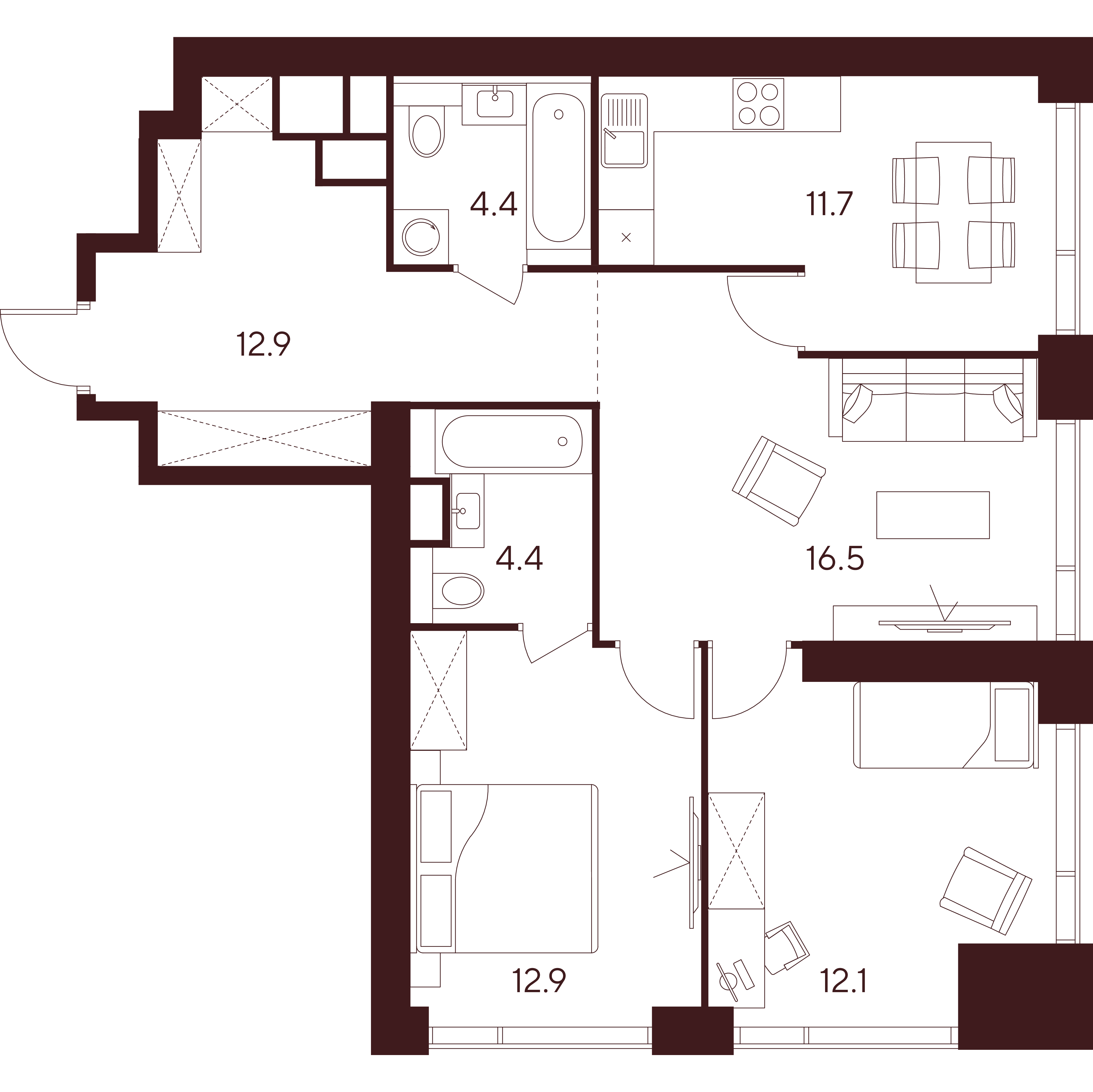 3 комн. квартира, 74.9 м², 33 этаж 