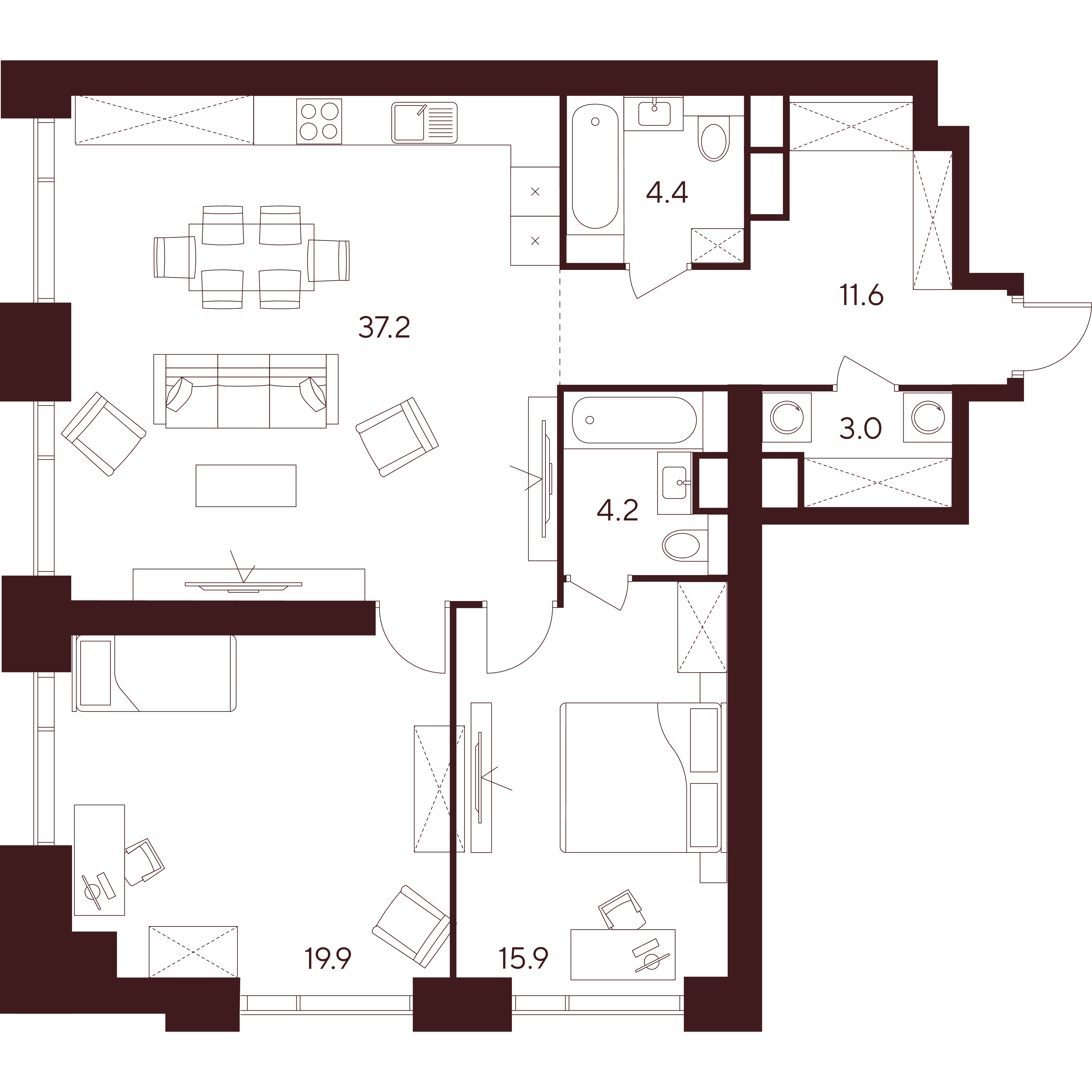 3 комн. квартира, 96.2 м², 9 этаж 