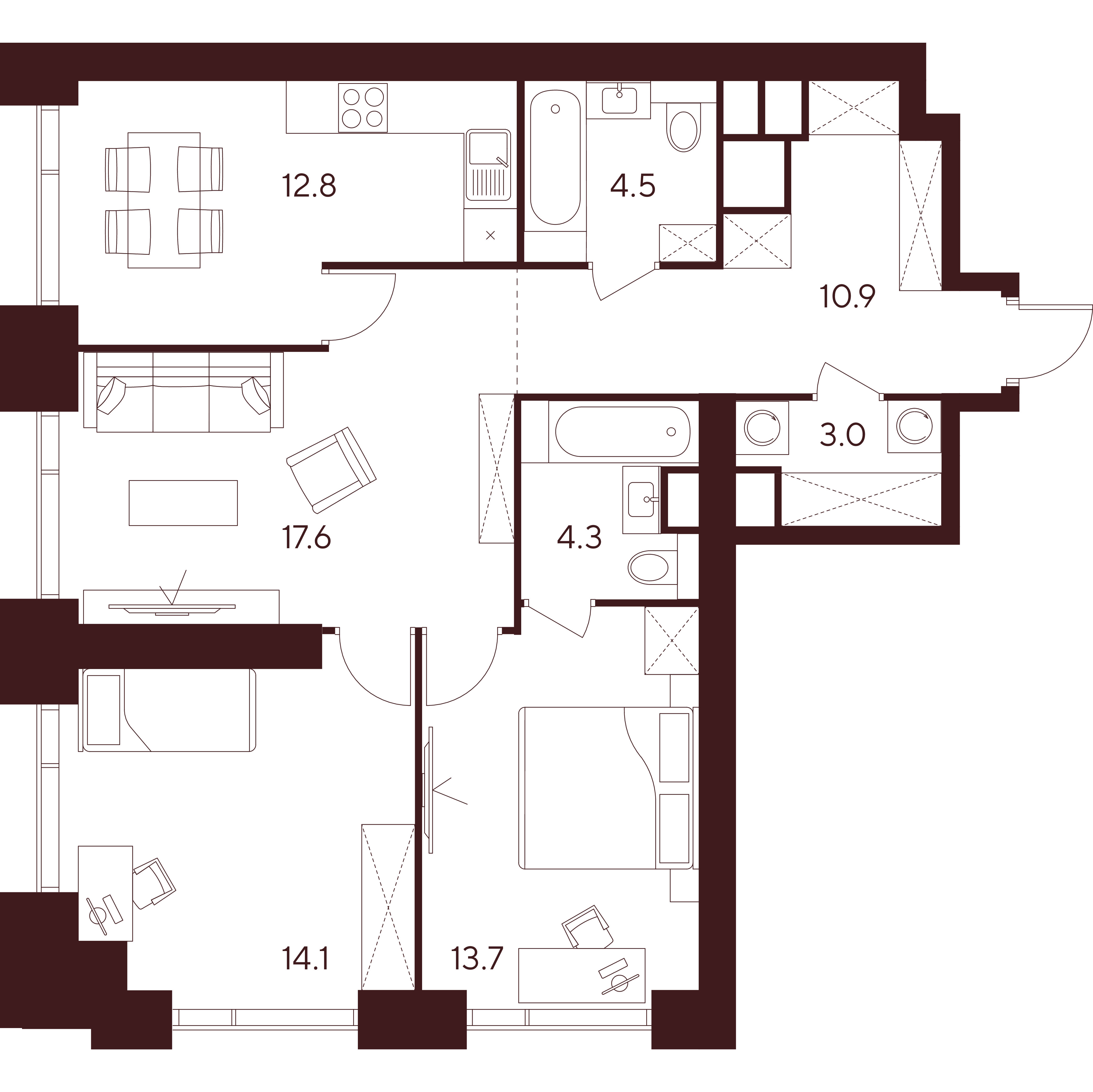 3 комн. квартира, 80.9 м², 31 этаж 