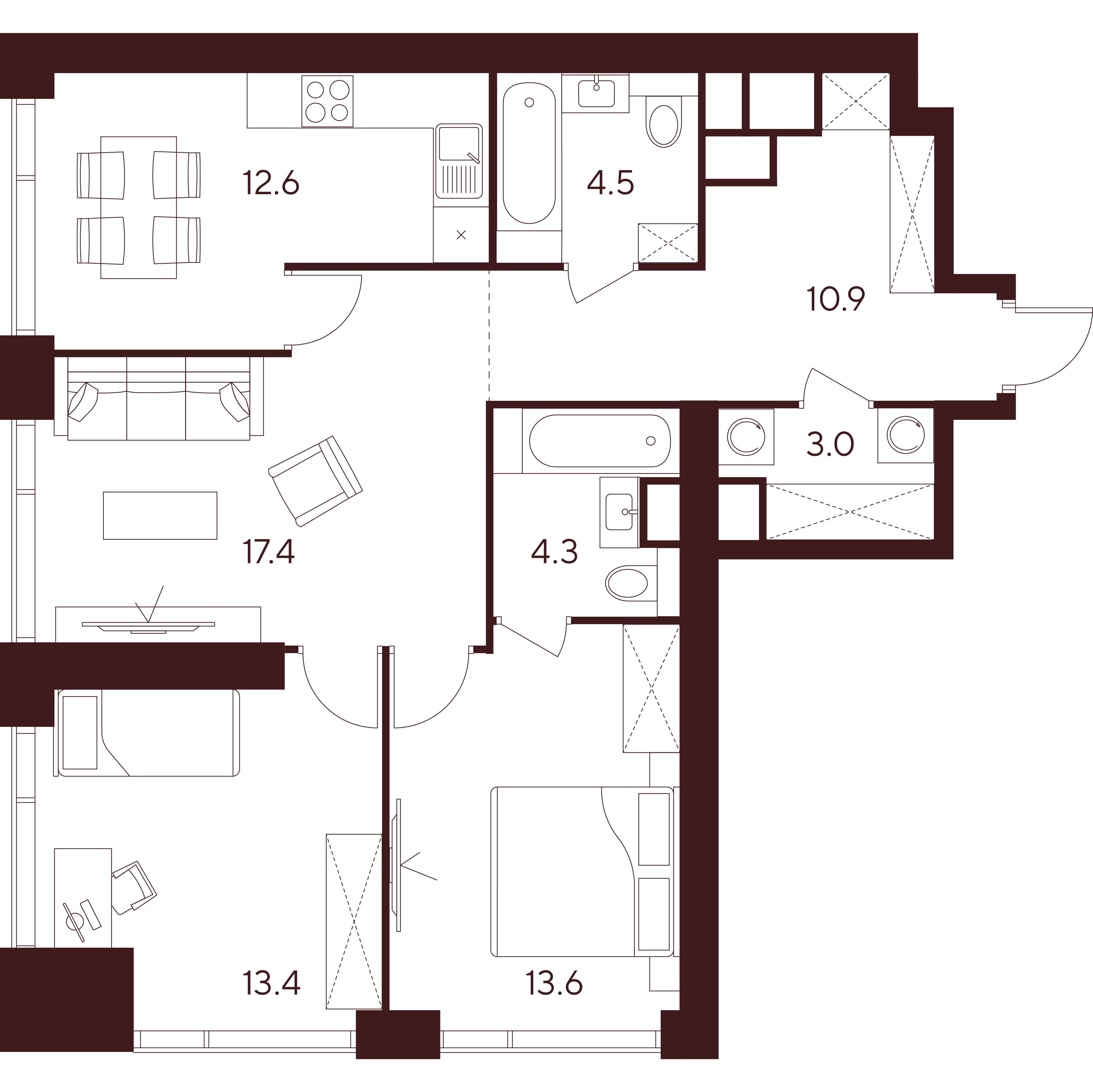 3 комн. квартира, 79.7 м², 34 этаж 