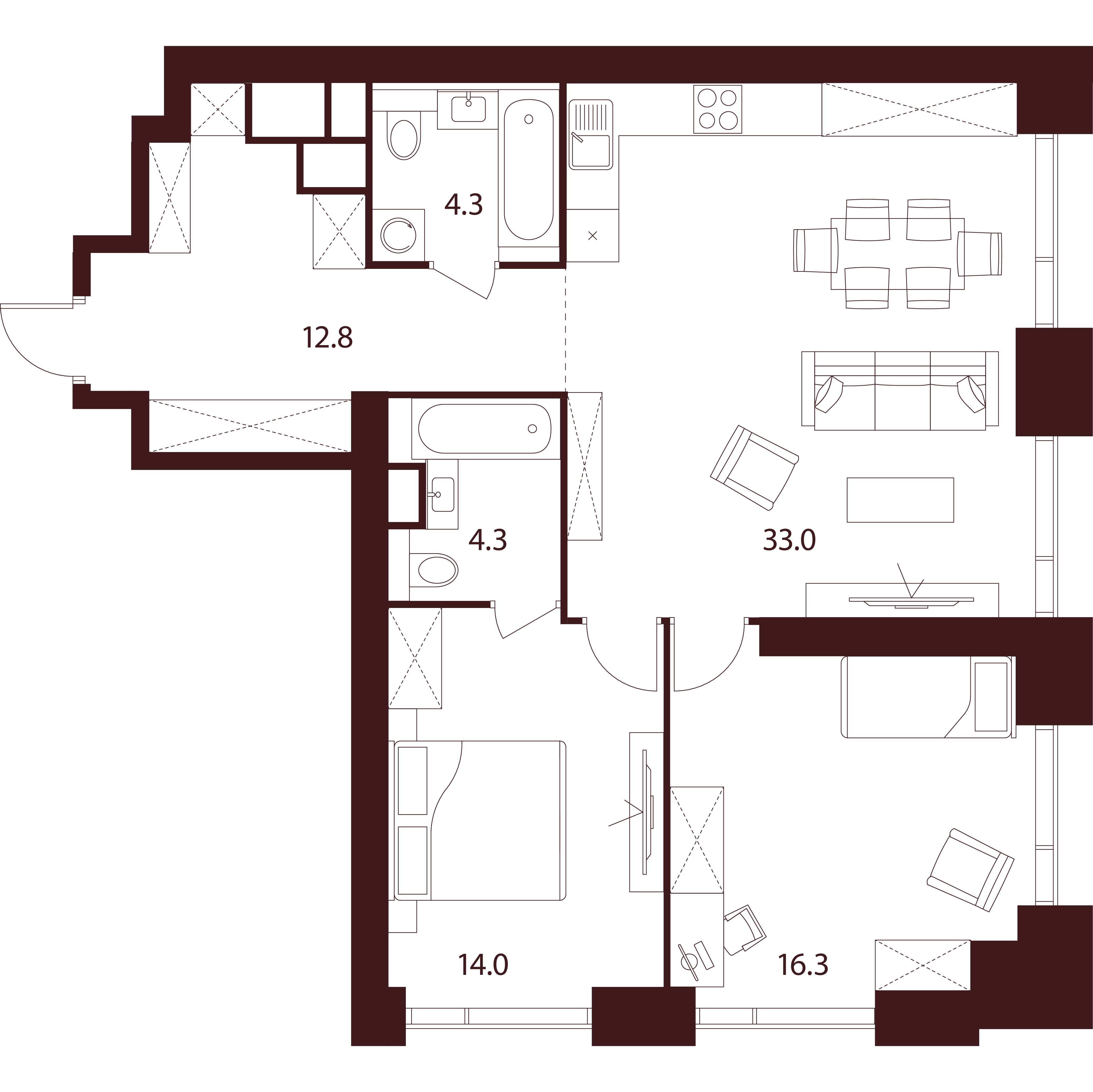 3 комн. квартира, 84.7 м², 30 этаж 
