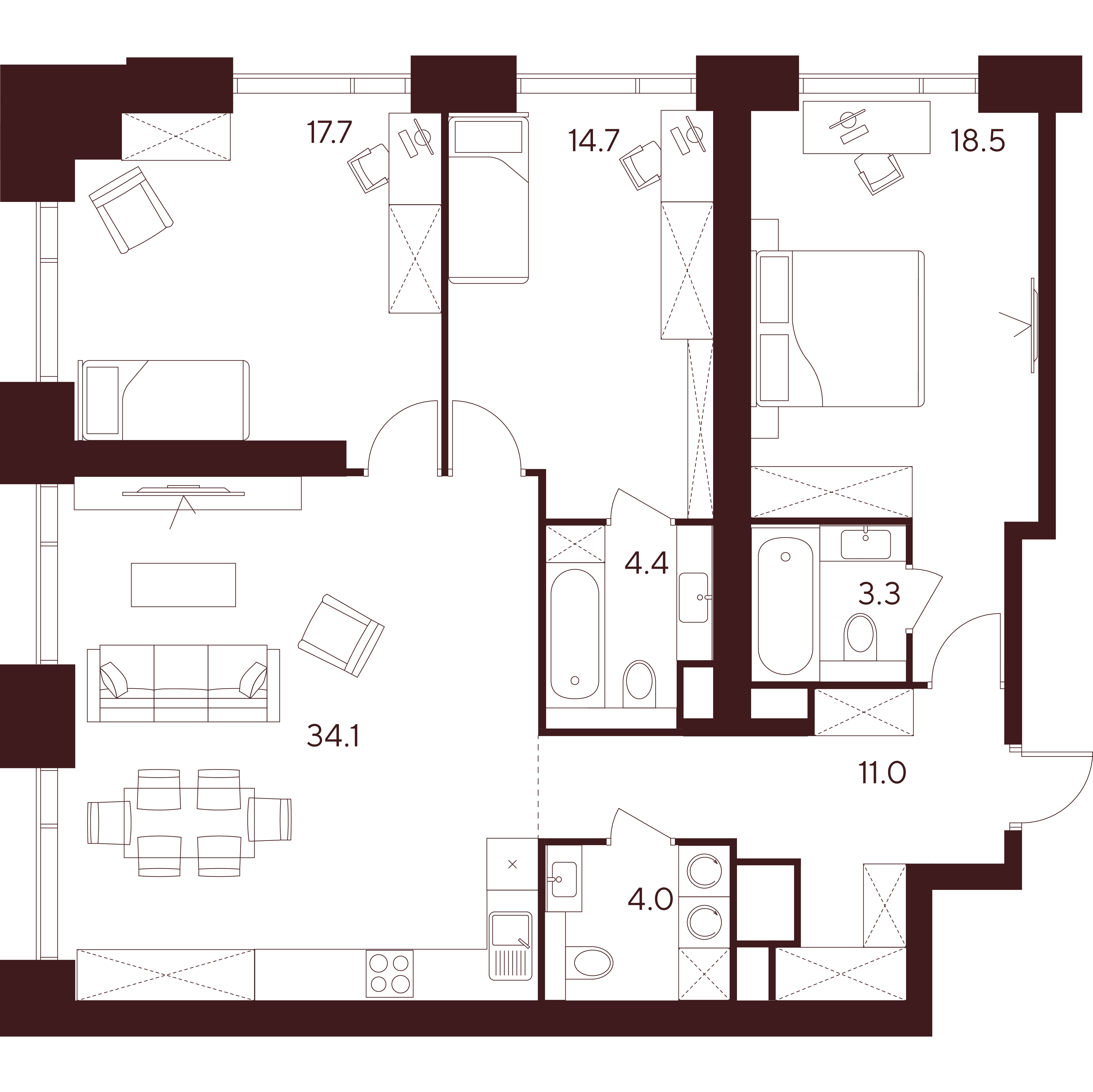 4 комн. квартира, 107.7 м², 19 этаж 