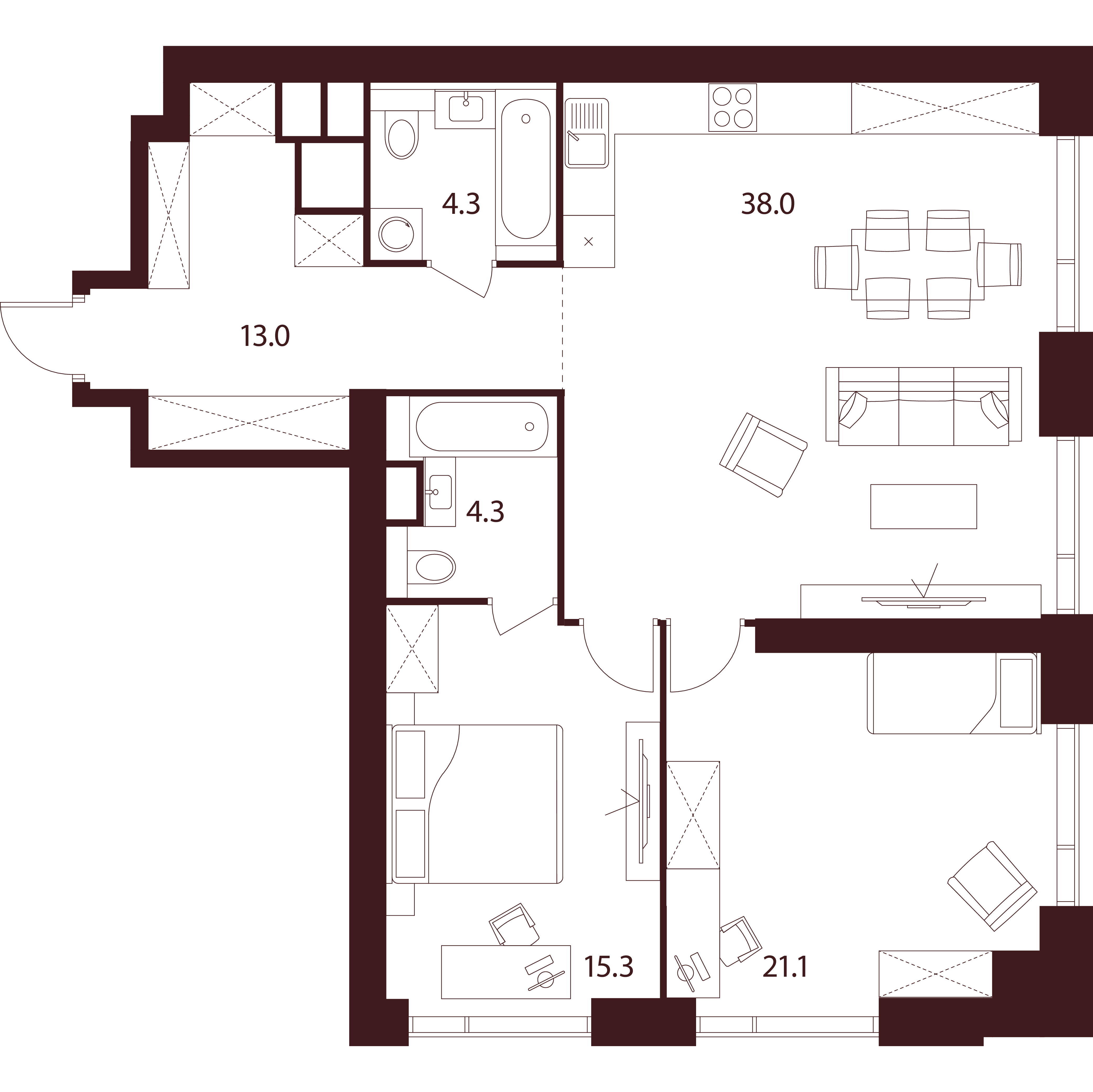 3 комн. квартира, 96 м², 27 этаж 