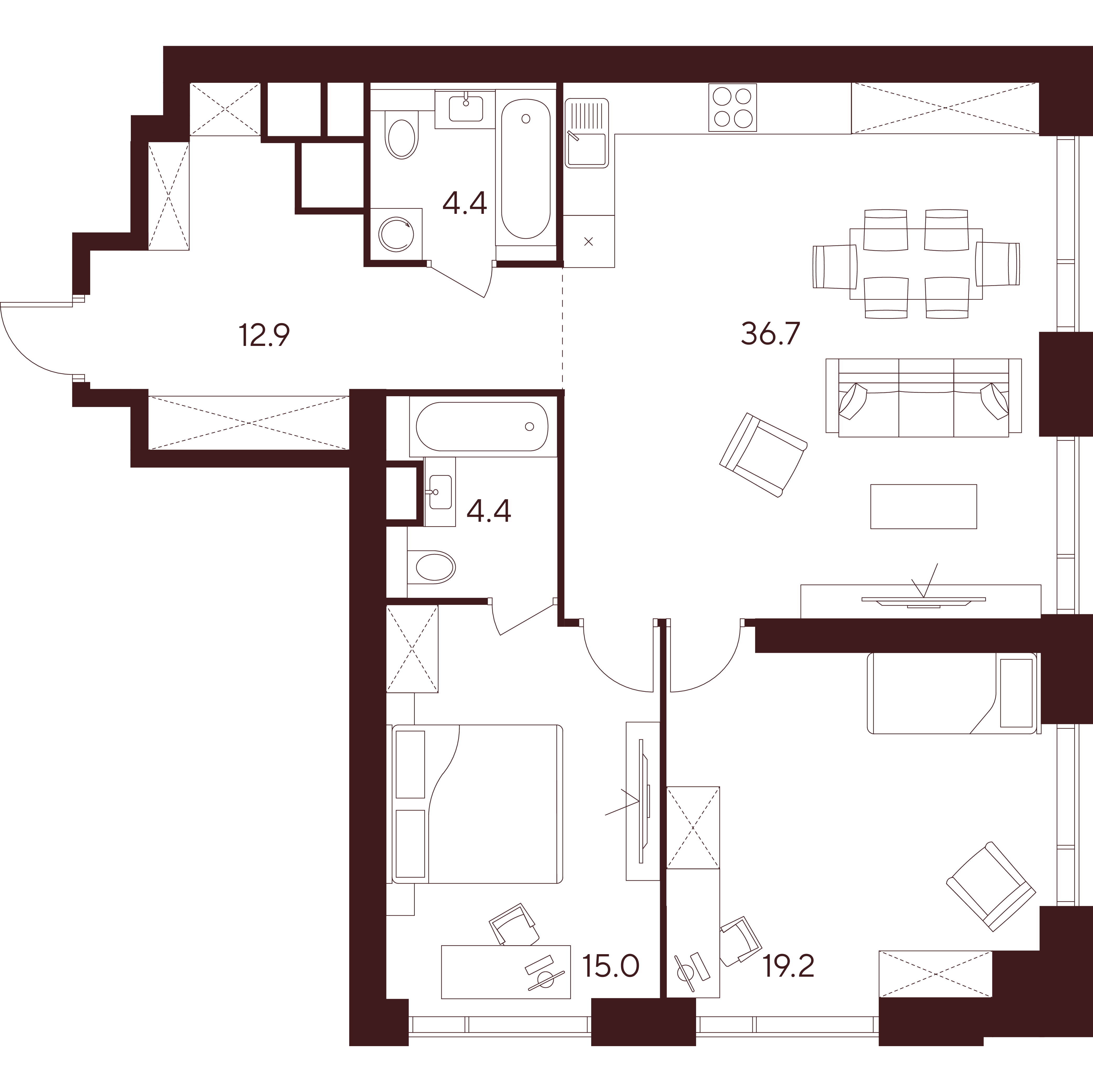 3 комн. квартира, 92.6 м², 37 этаж 
