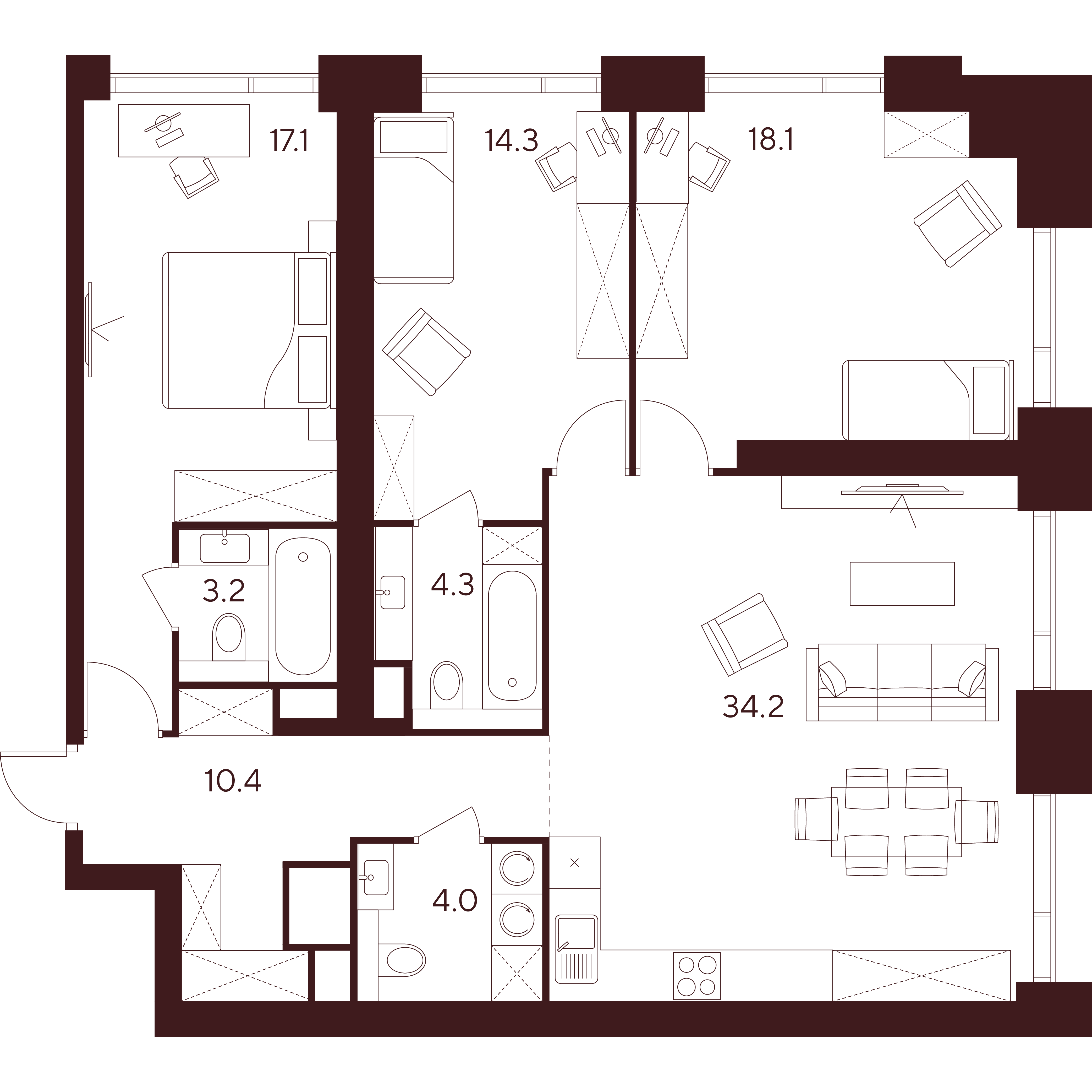 4 комн. квартира, 105.6 м², 19 этаж 