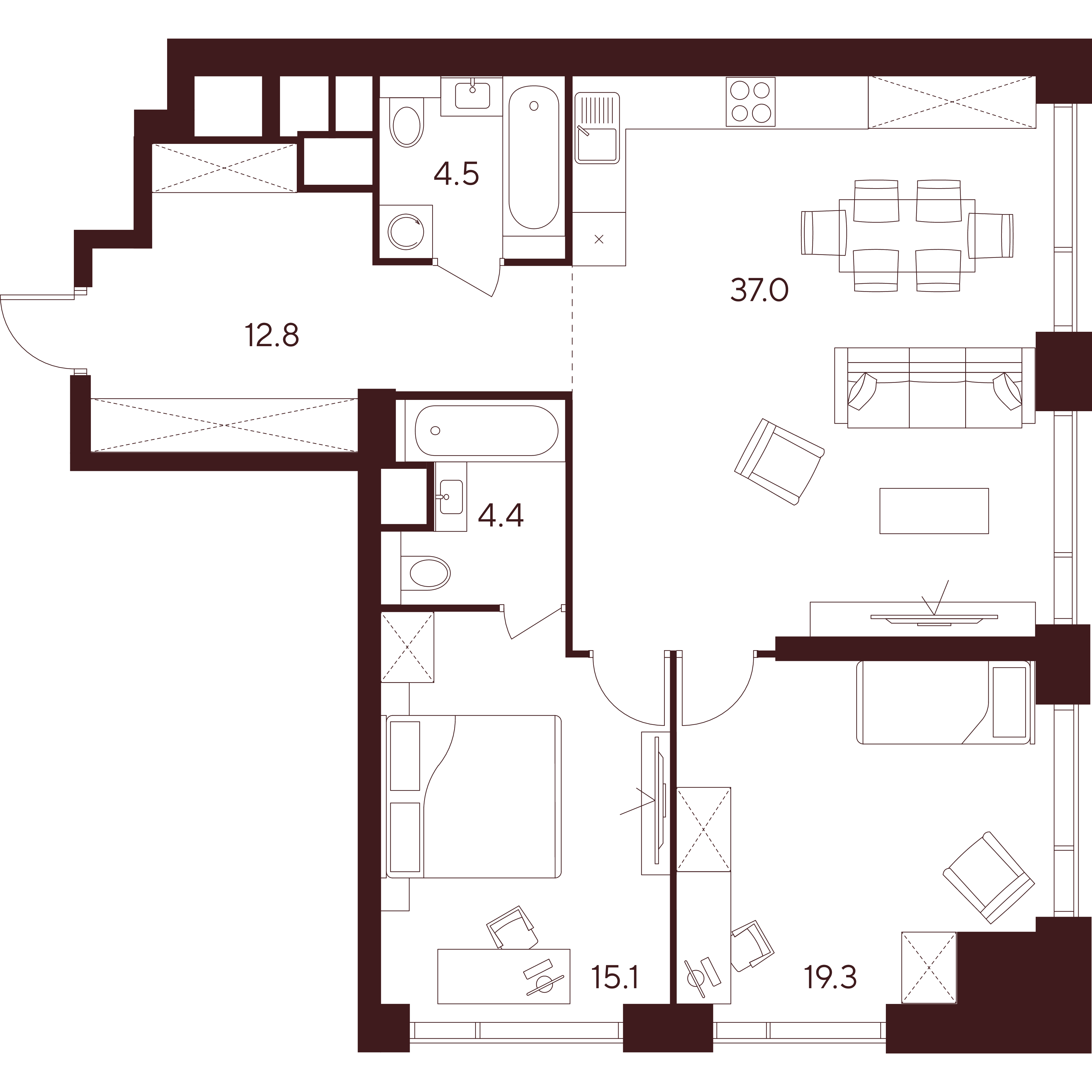 3 комн. квартира, 93.1 м², 49 этаж 