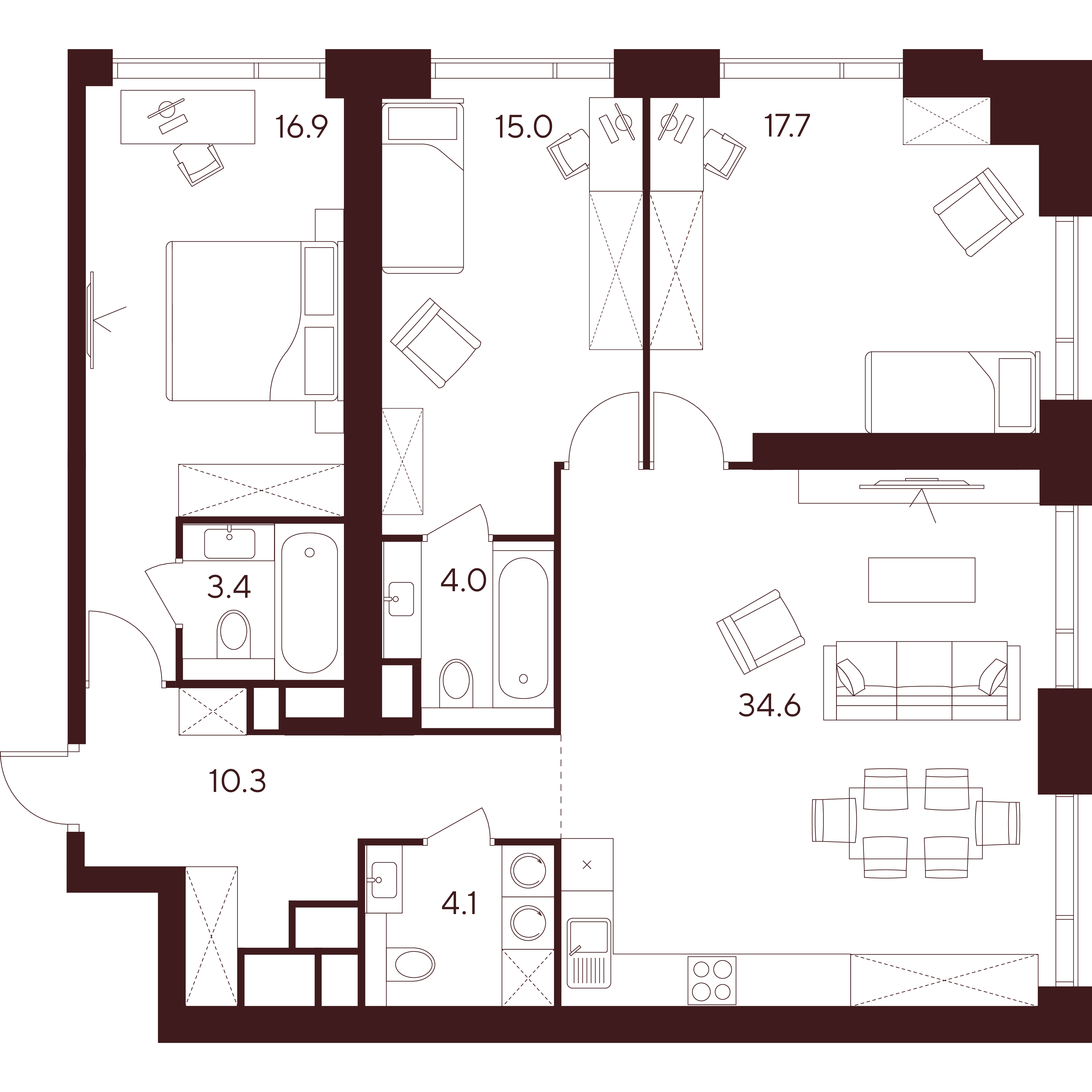 4 комн. квартира, 106 м², 36 этаж 