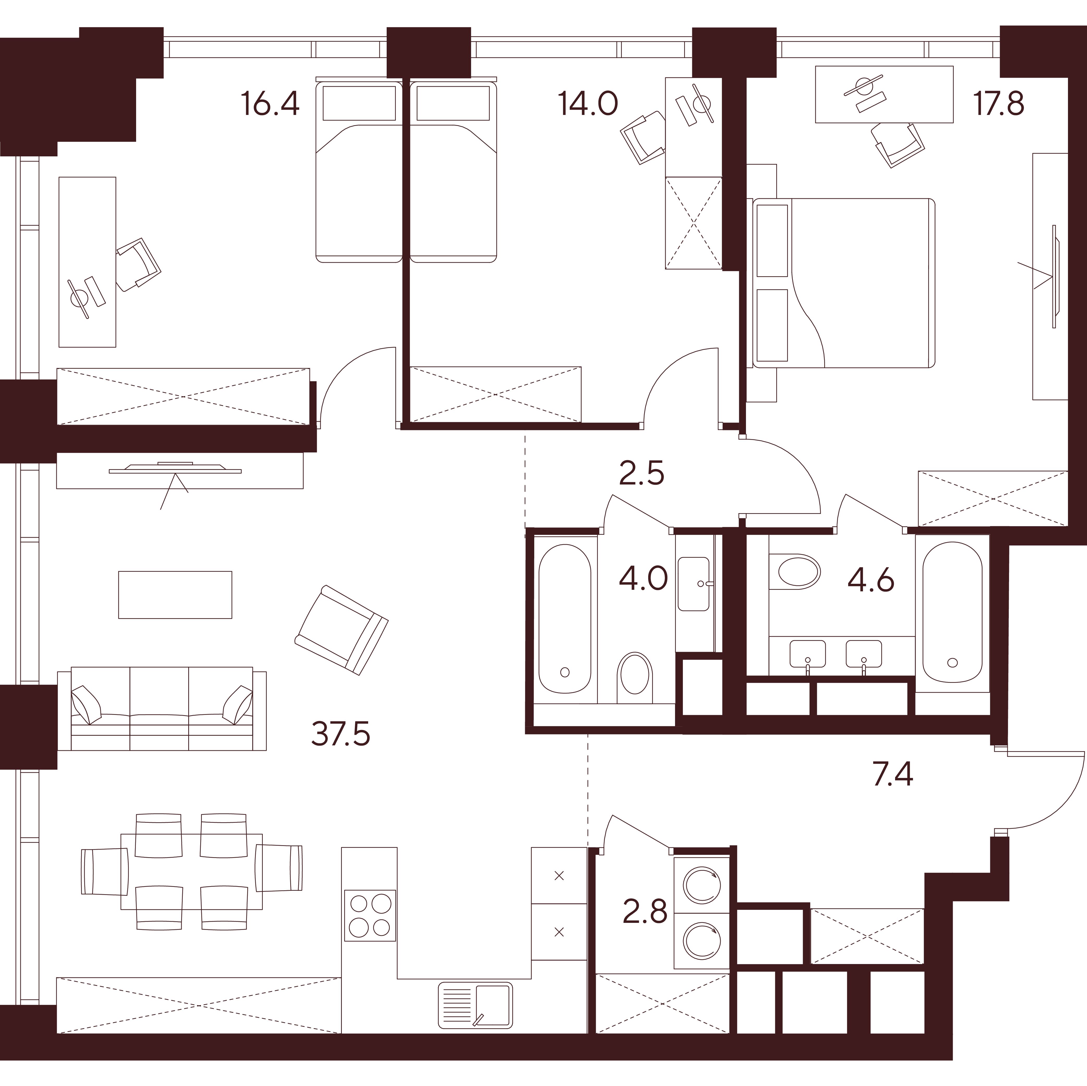 4 комн. квартира, 107 м², 48 этаж 