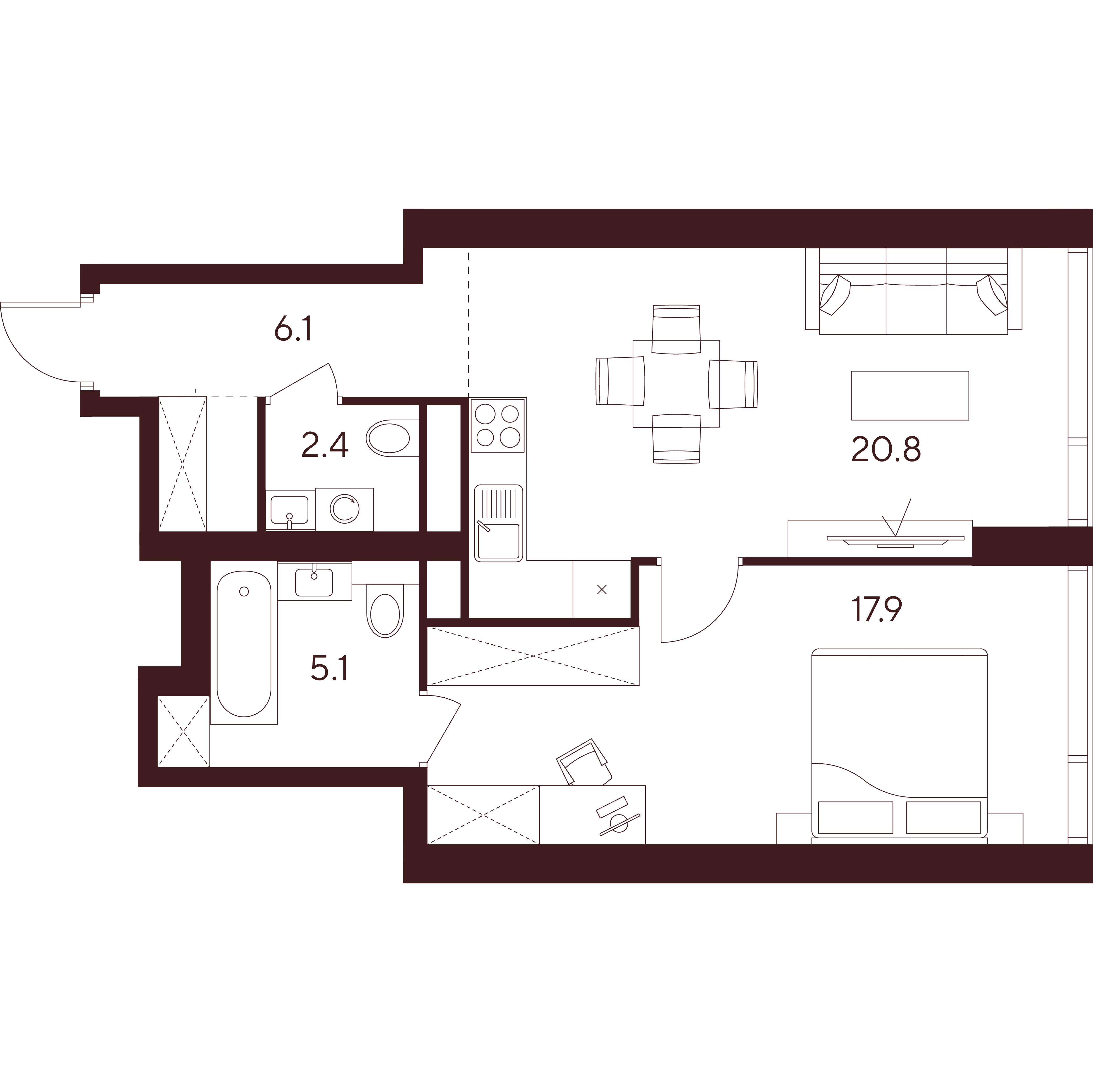 2 комн. квартира, 52.3 м², 2 этаж 