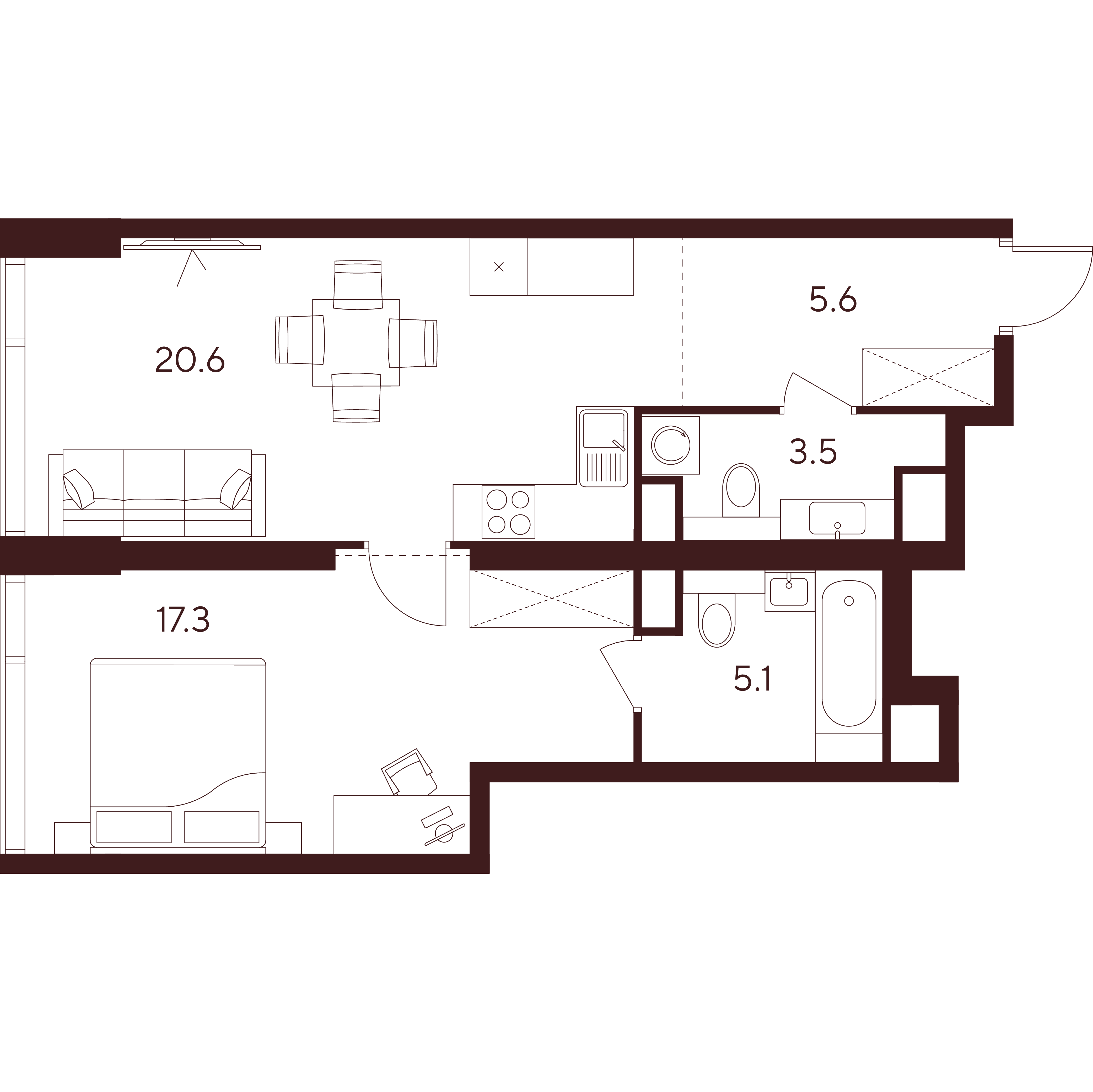 2 комн. квартира, 52.1 м², 5 этаж 