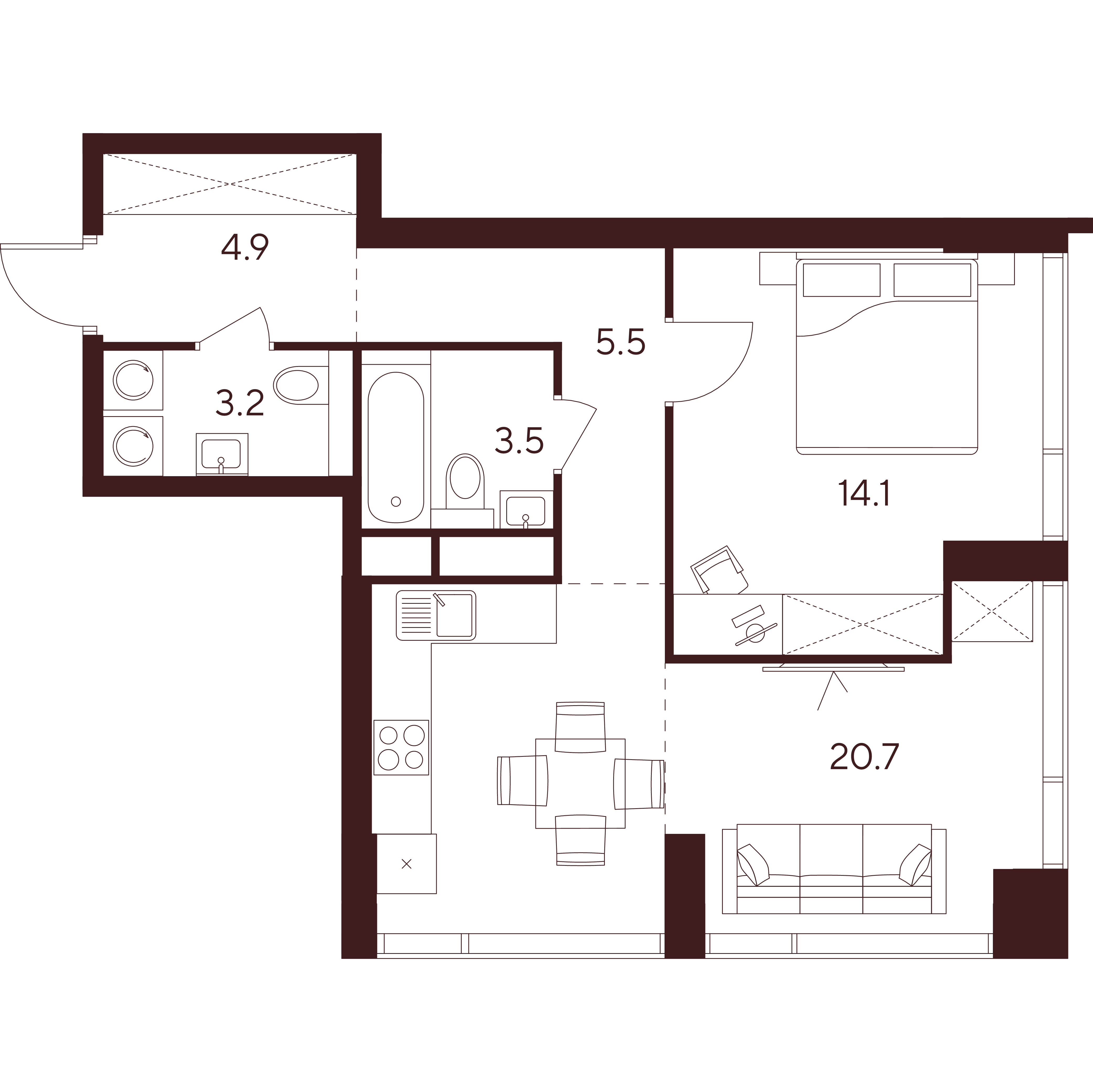2 комн. квартира, 51.9 м², 12 этаж 