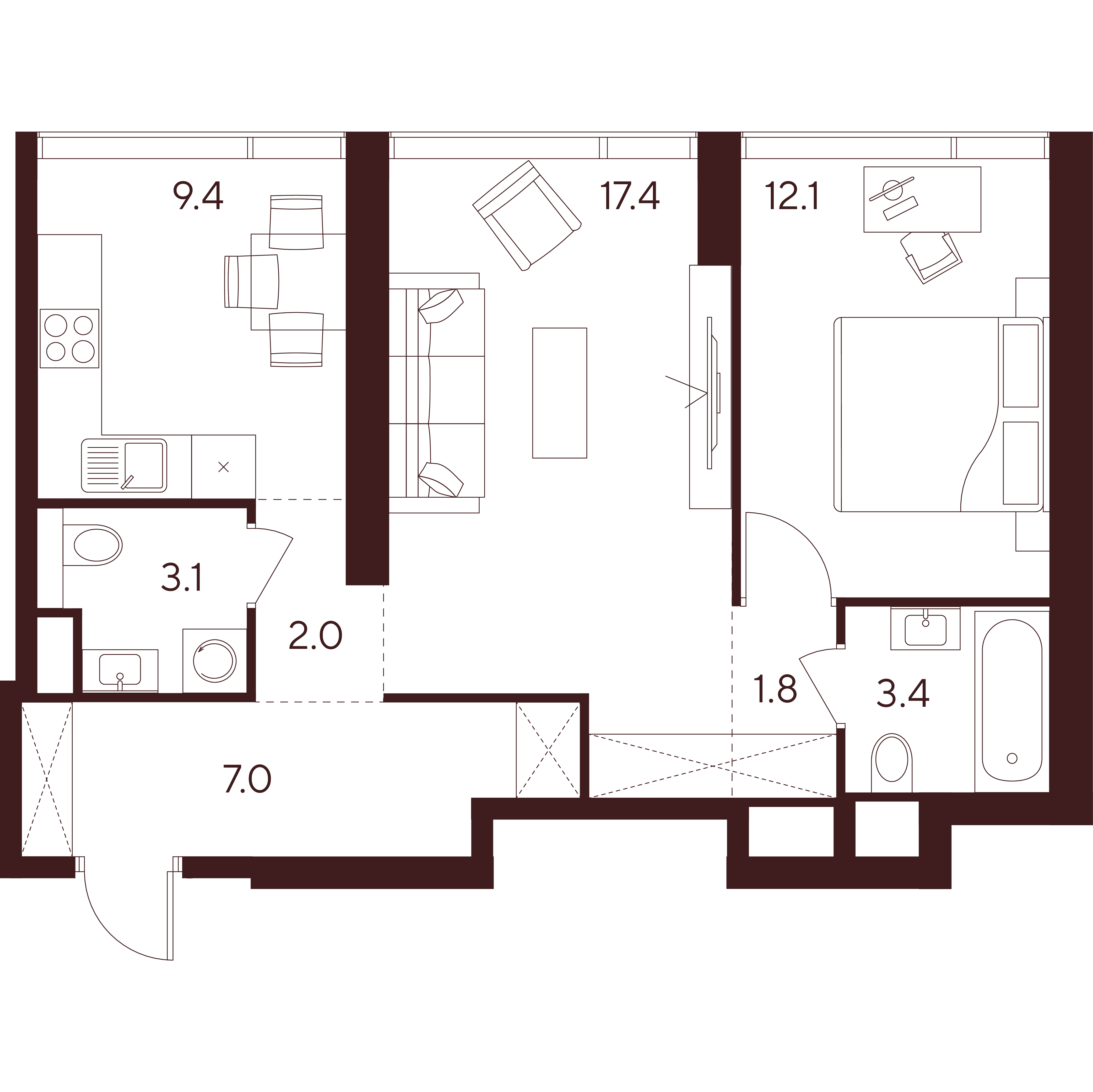 2 комн. квартира, 56.2 м², 3 этаж 