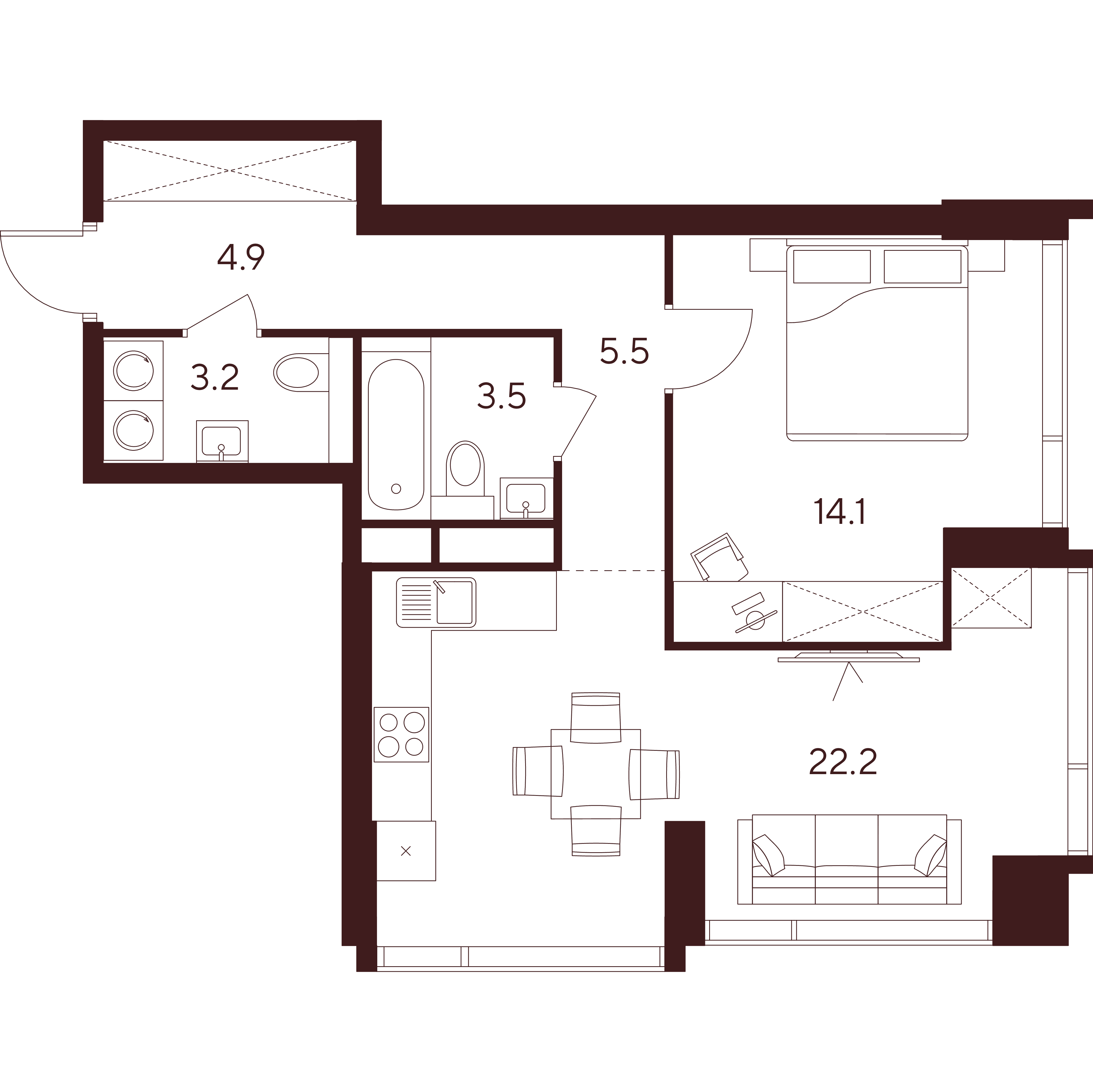 2 комн. квартира, 53.4 м², 15 этаж 