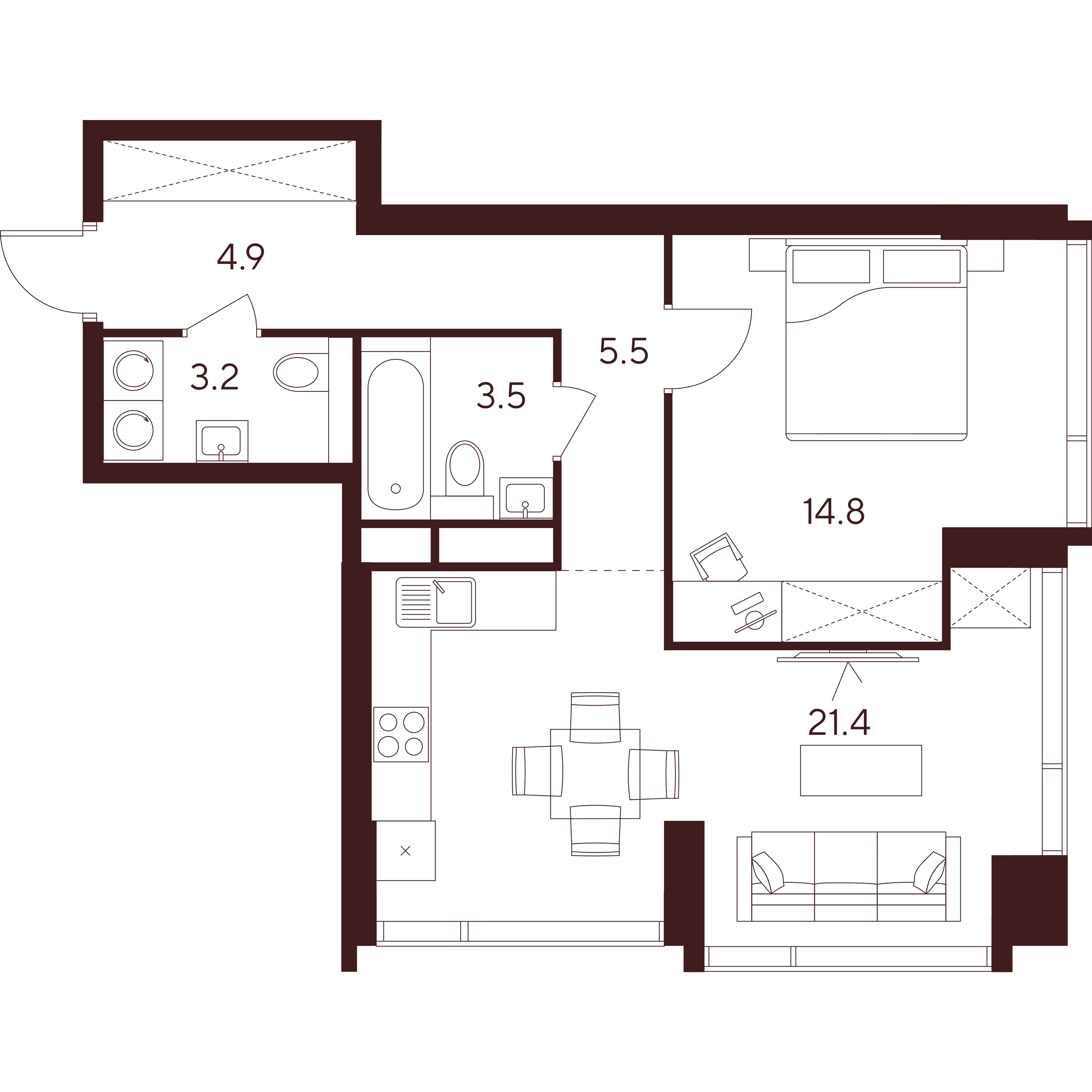 2 комн. квартира, 53.3 м², 18 этаж 