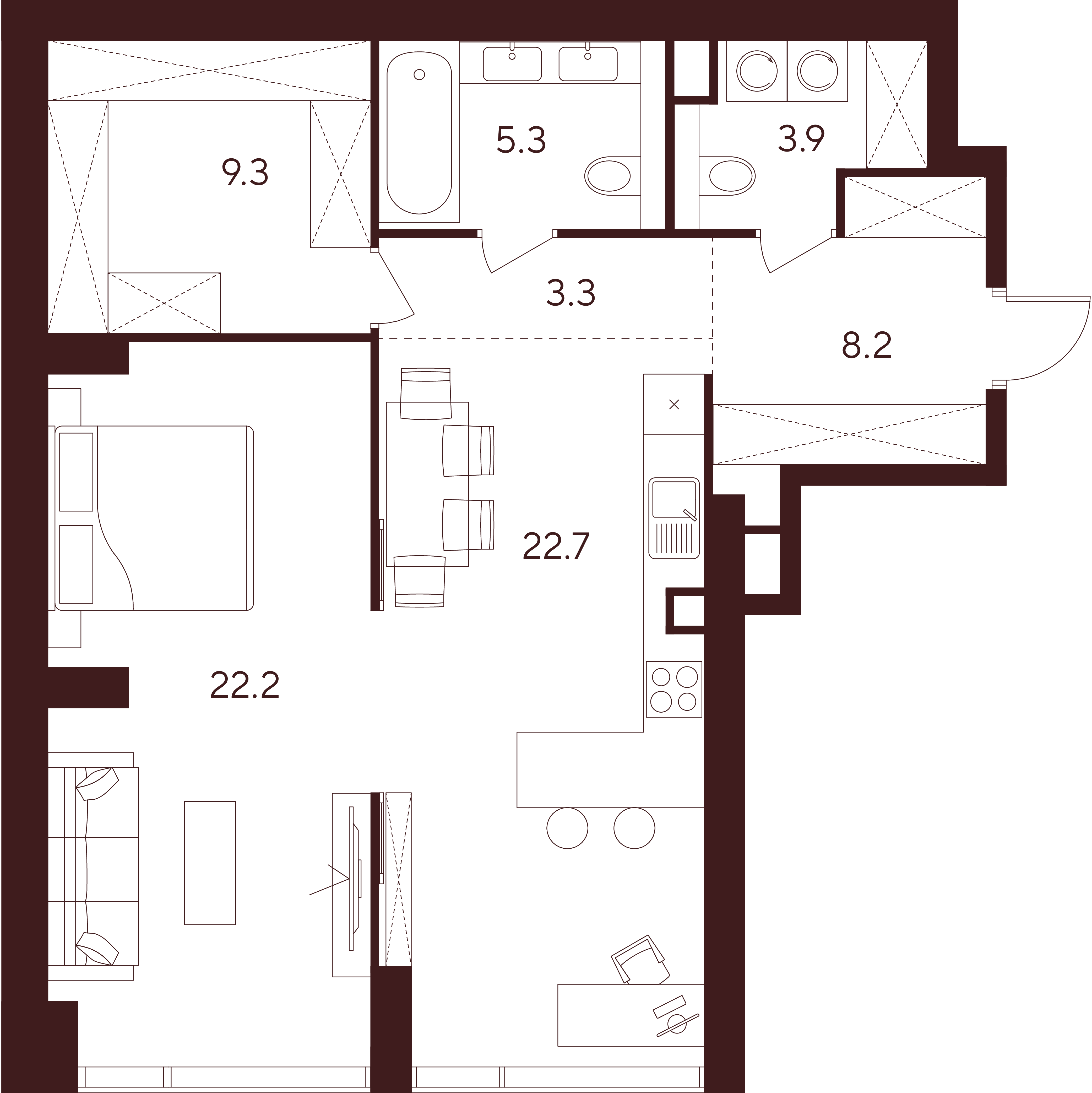 2 комн. квартира, 74.9 м², 2 этаж 