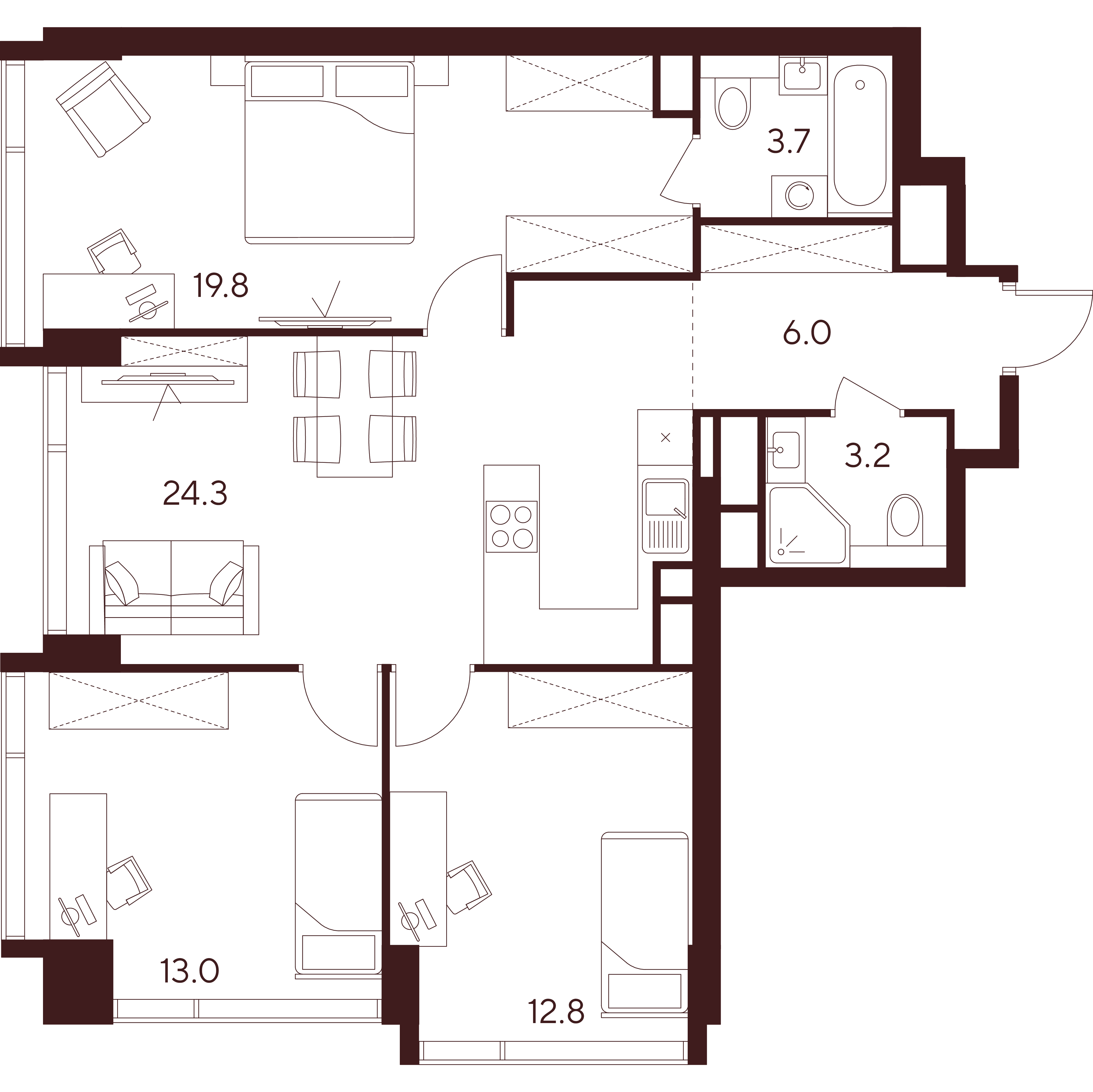 4 комн. квартира, 82.8 м², 33 этаж 