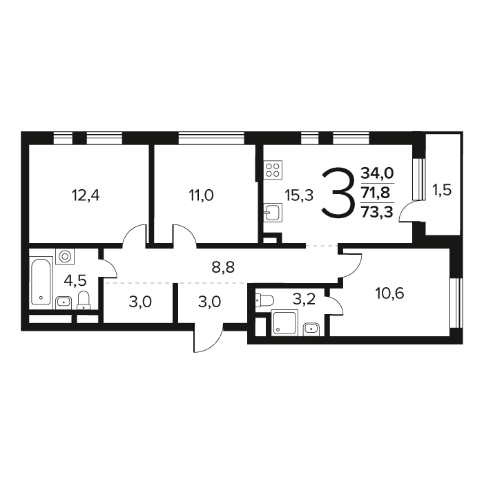3 комн. квартира, 73.3 м², 2 этаж 