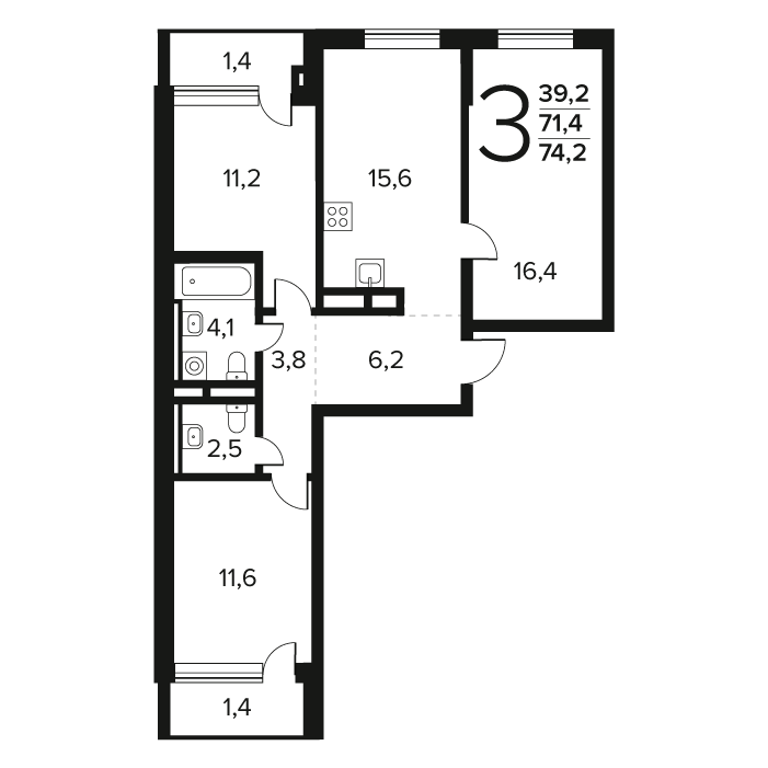 3 комн. квартира, 74.2 м², 7 этаж 
