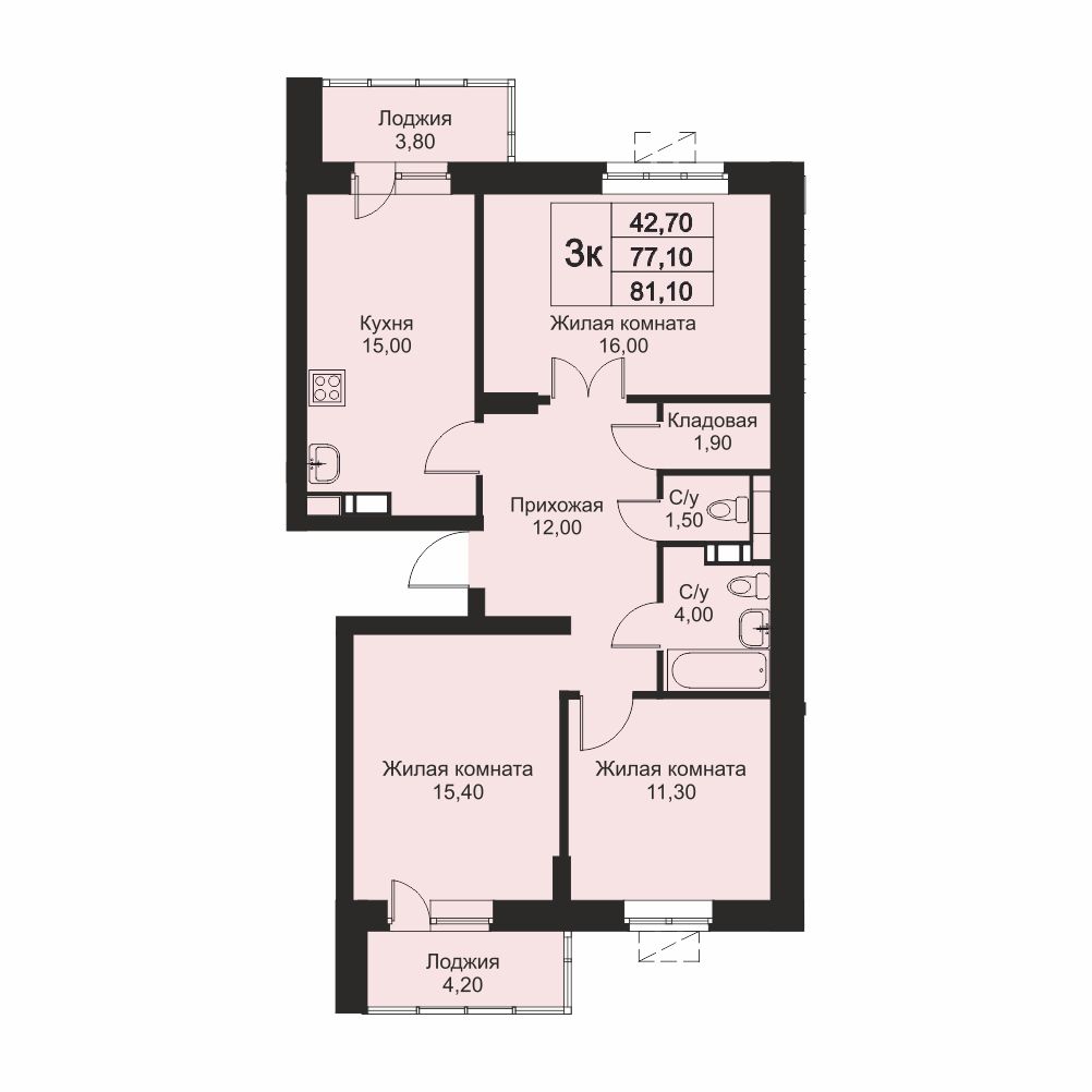 3 комн. квартира, 81.1 м², 2 этаж 