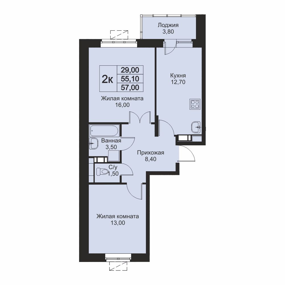 2 комн. квартира, 57 м², 4 этаж 