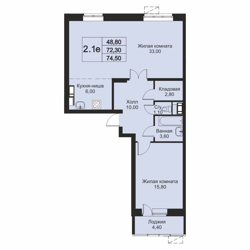 2 комн. квартира, 74.5 м², 5 этаж 